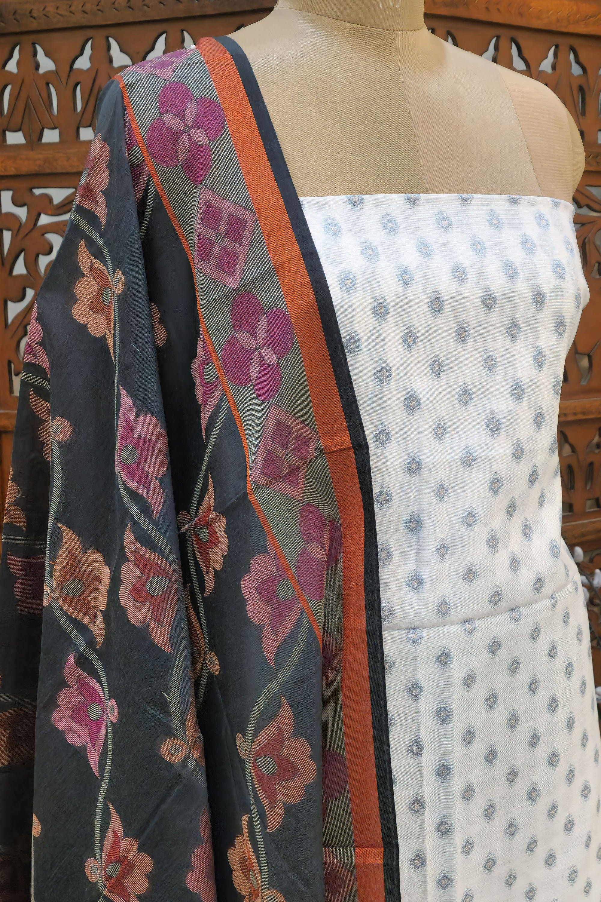 Women Off-White & Charcoal Grey Silk Blend Unstitched Dress Material with Floral Woven Dupatta