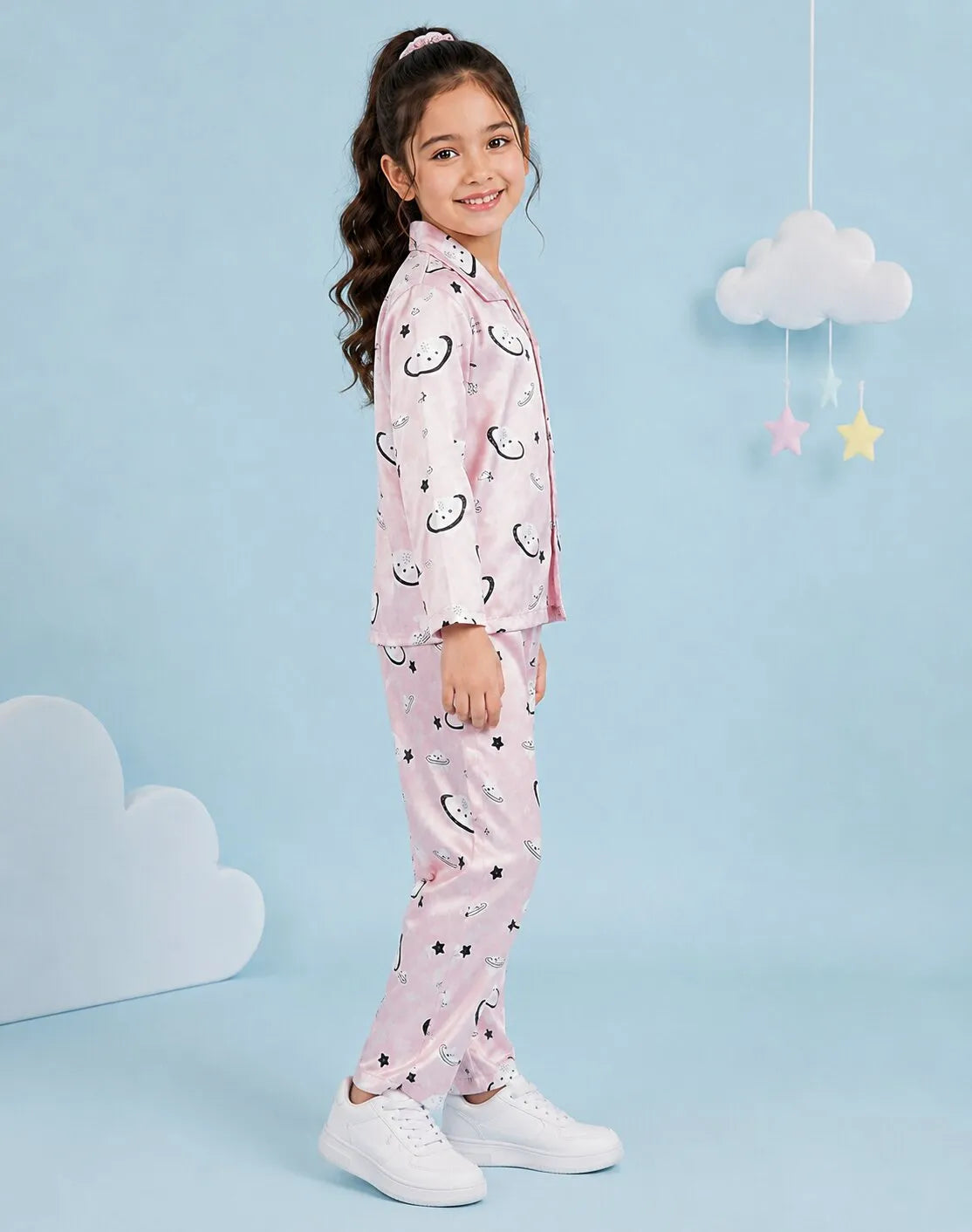 Girls Pink Celestial Printed Satin Night Suit Set
