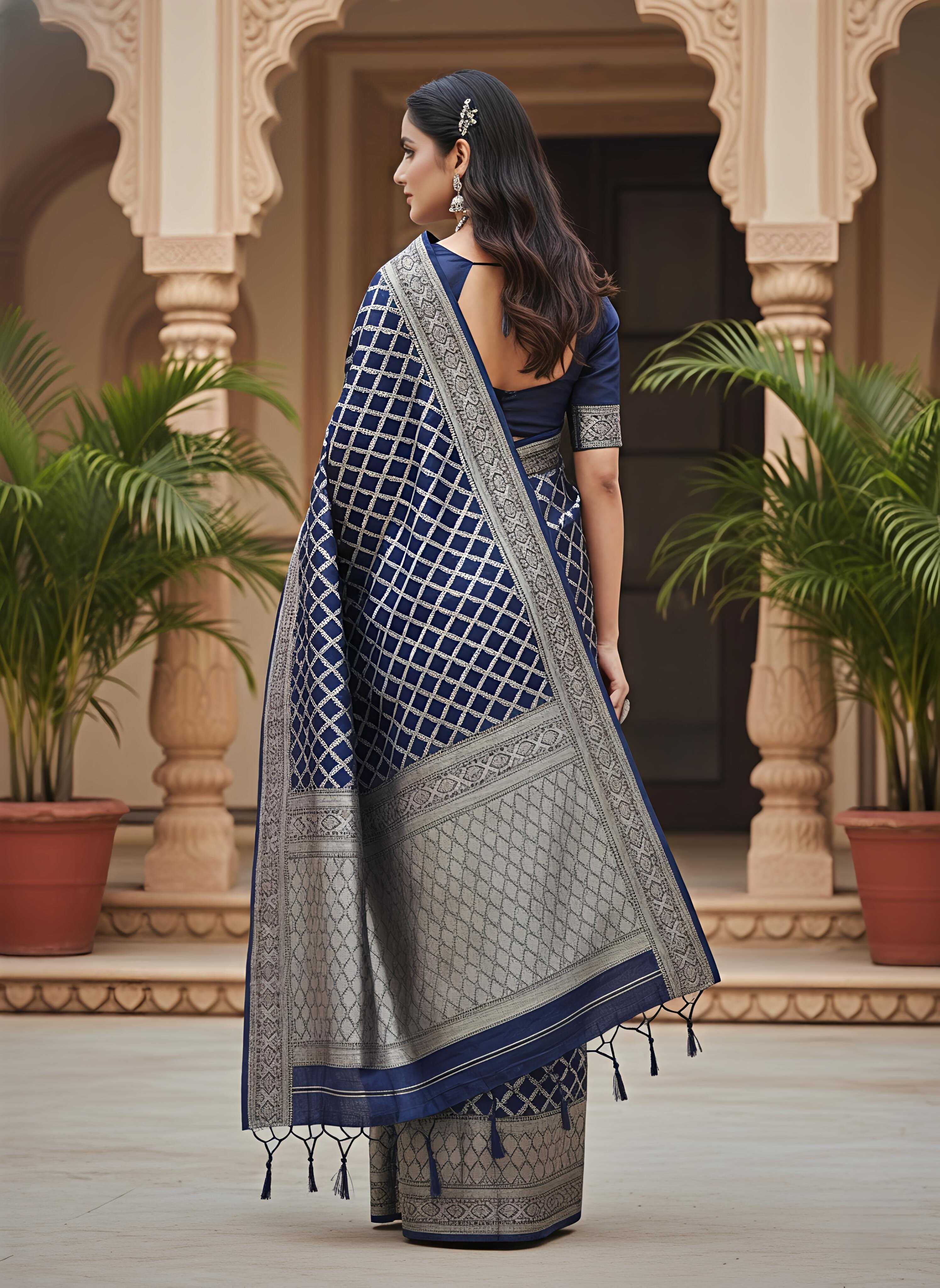 Navy Blue & Silver-Toned Silk Blend Zari Banarasi Saree with Unstitched Blouse