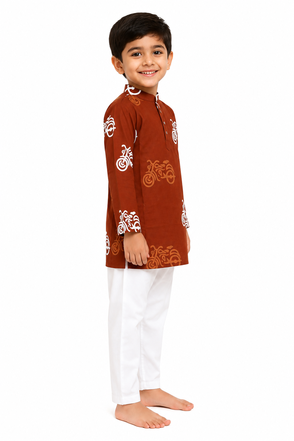 Boys Rust-Brown Auto/Bike Print Cotton Kurta with Pyjama Set