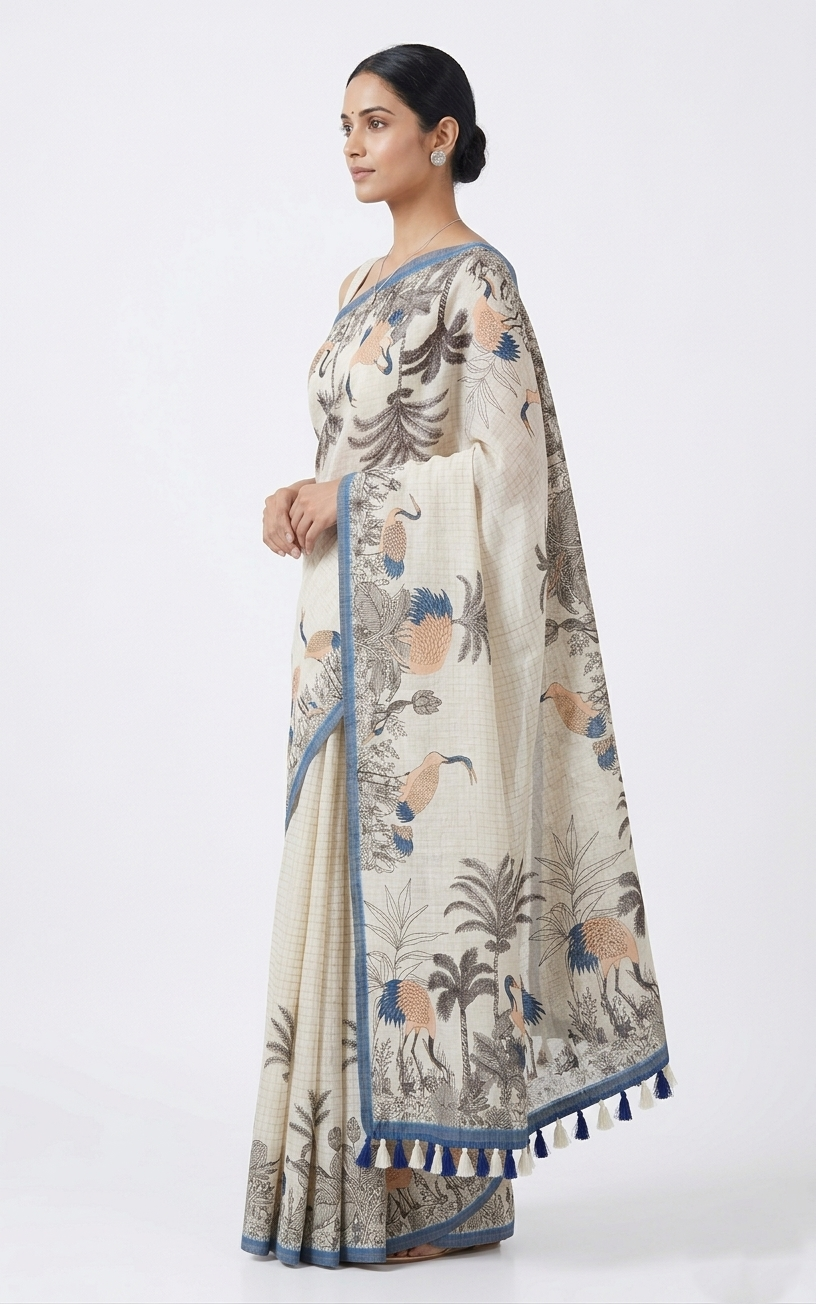 Off-White Cotton Warli Art Inspired Crane Print Saree