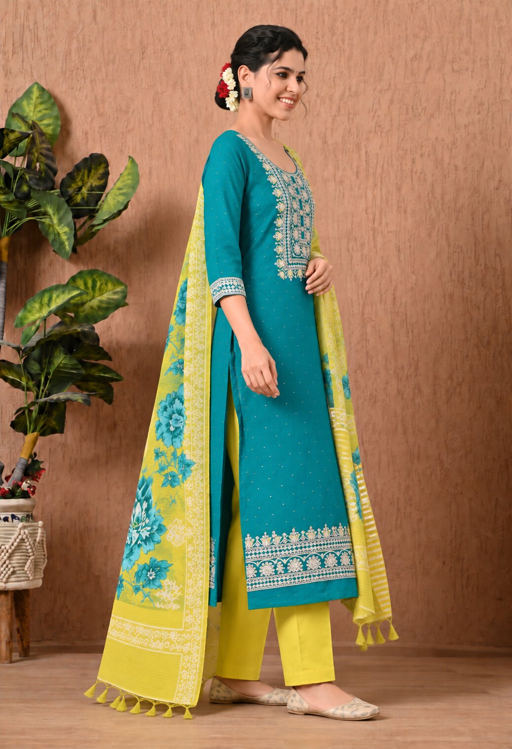 Teal Blue Chanderi Silk Embroidered Suit Set with Yellow Floral Dupatta