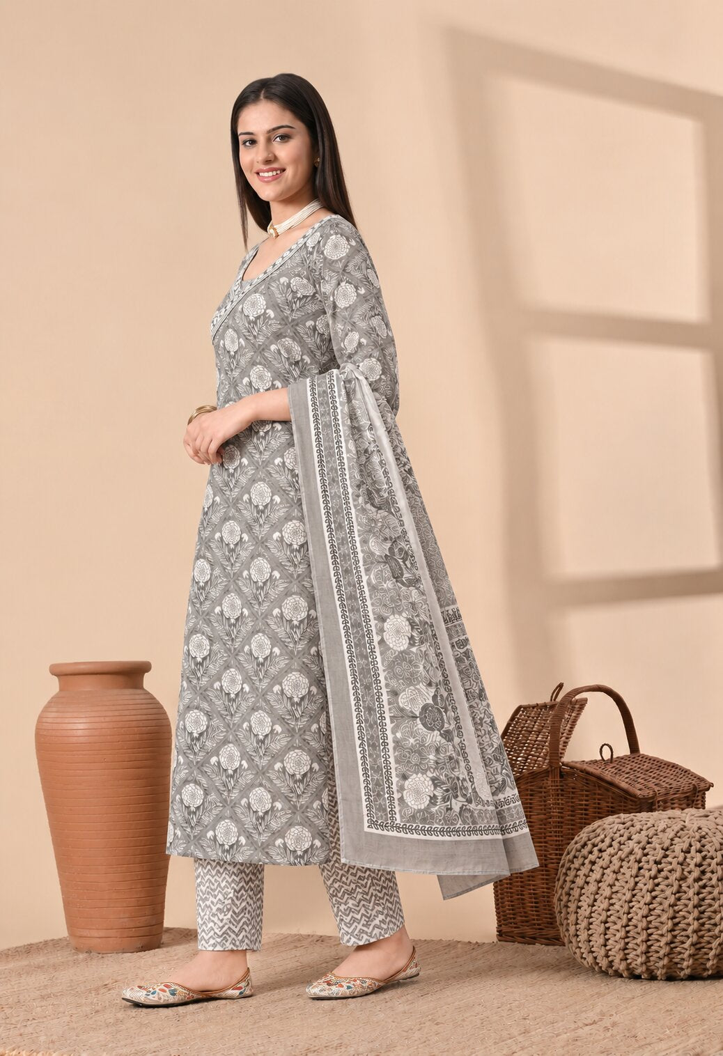 Grey Cotton Printed Suit Set with Cotton Dupatta