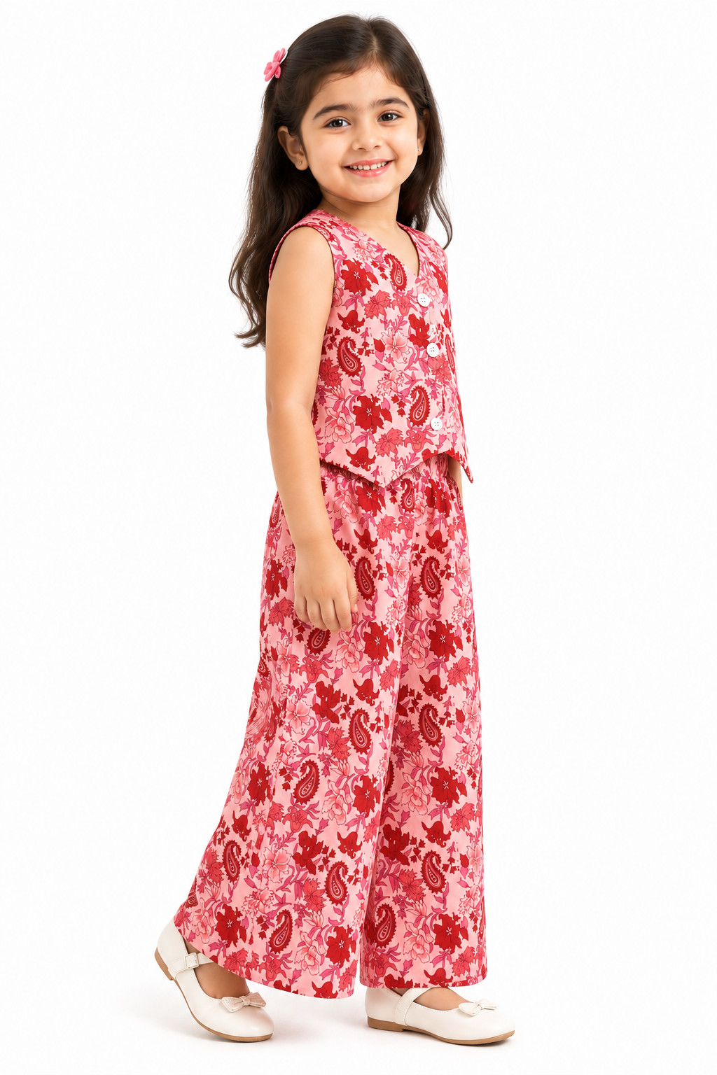 Girls Pure Cotton Floral and Paisley Printed Vest Style Crop Top with Wide-Leg Trousers Co-Ord Set