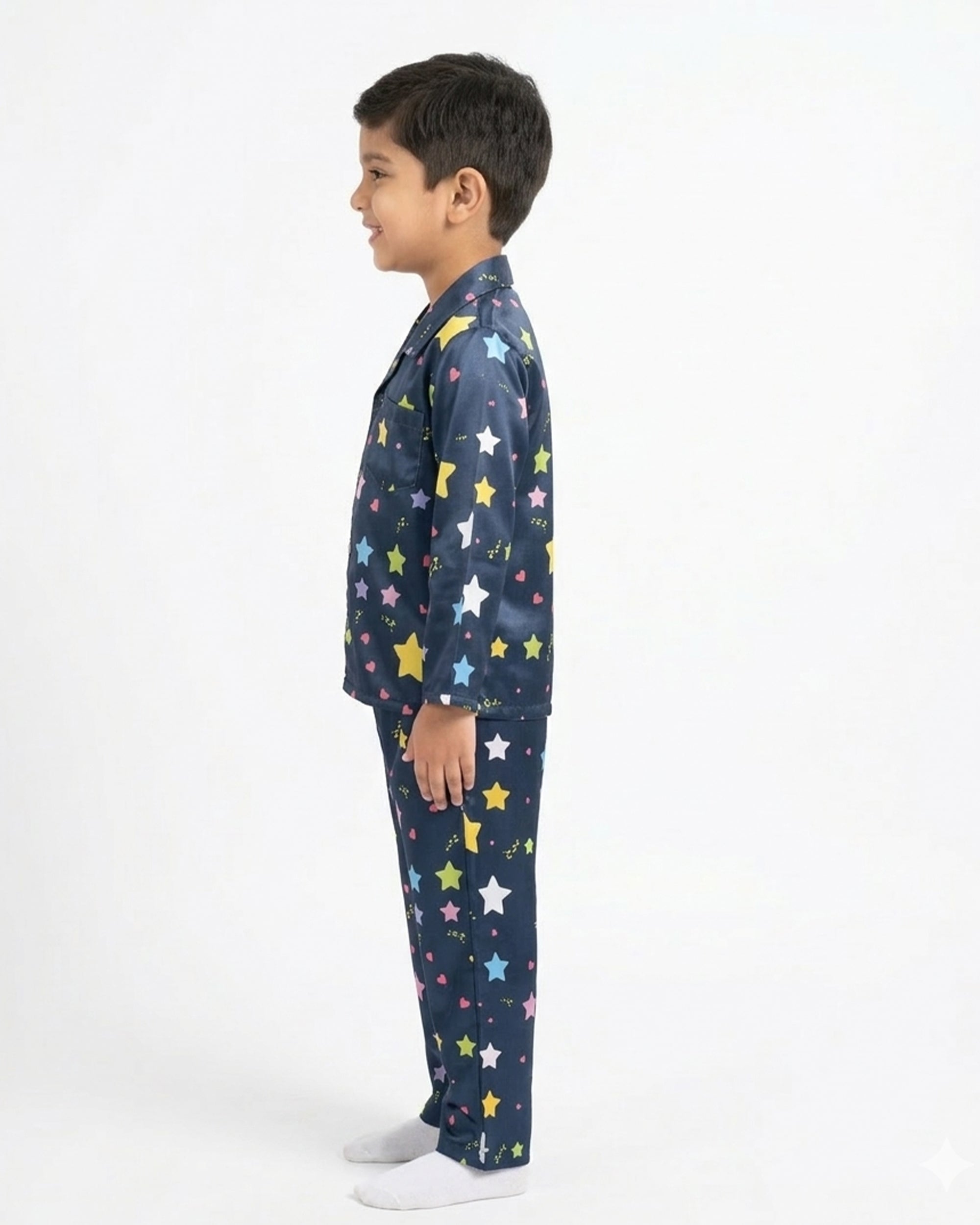 Boys Navy Blue & Multi-Colored Star Print Satin Night Suit
