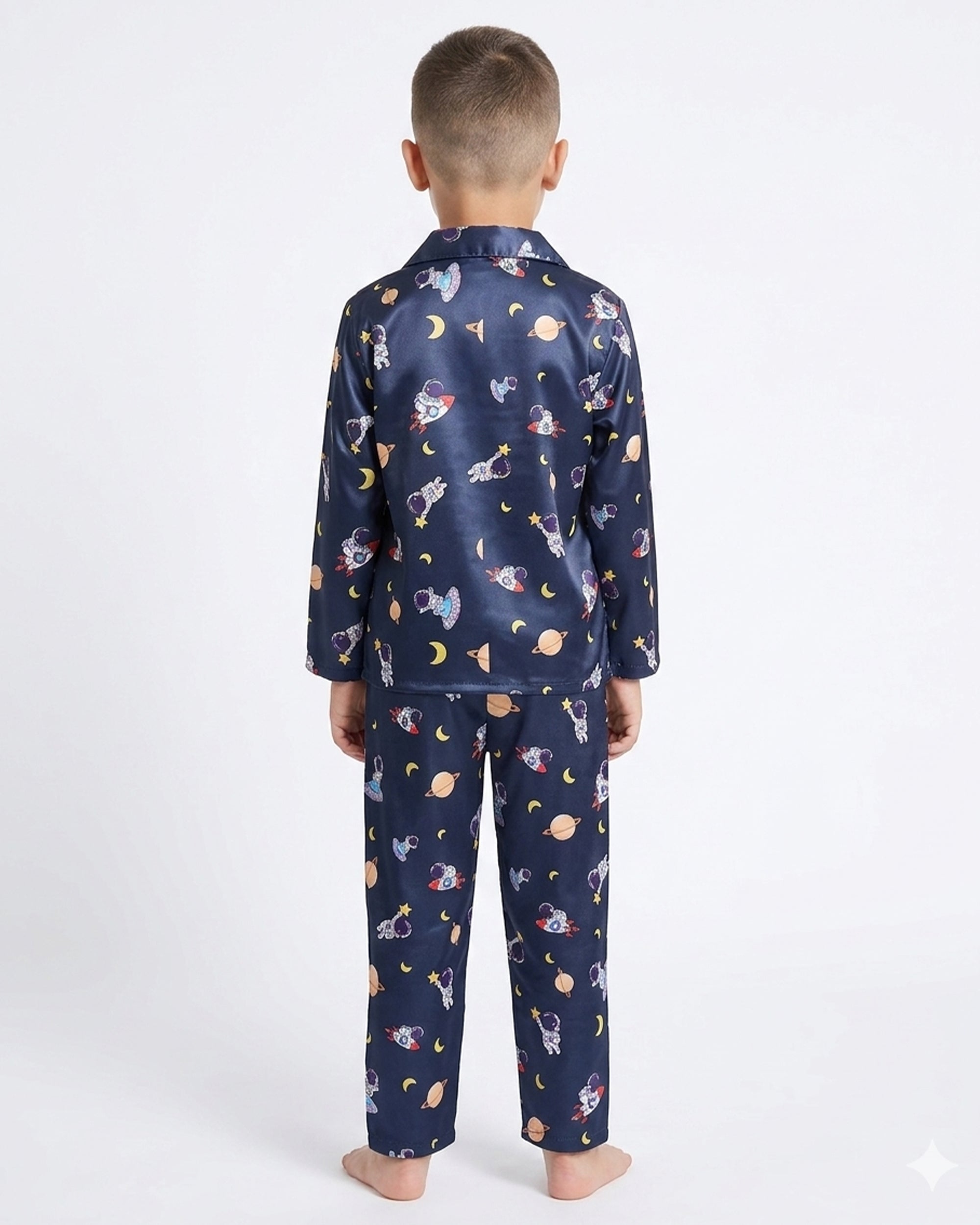 Kids Boys Navy Blue & Multi Satin Space Print Nightsuit Set