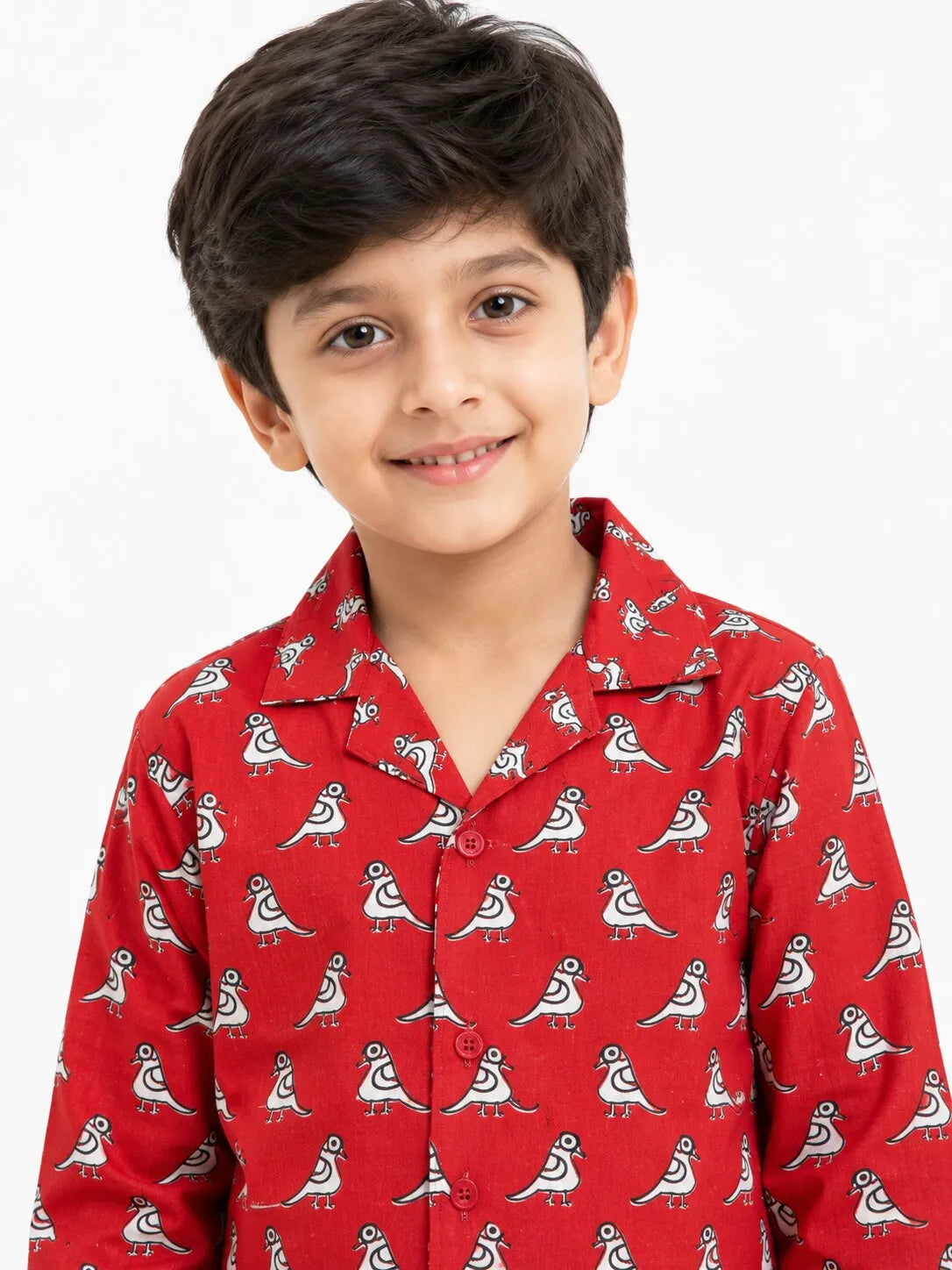 Boys Red & White Bird Print Cotton Night Suit