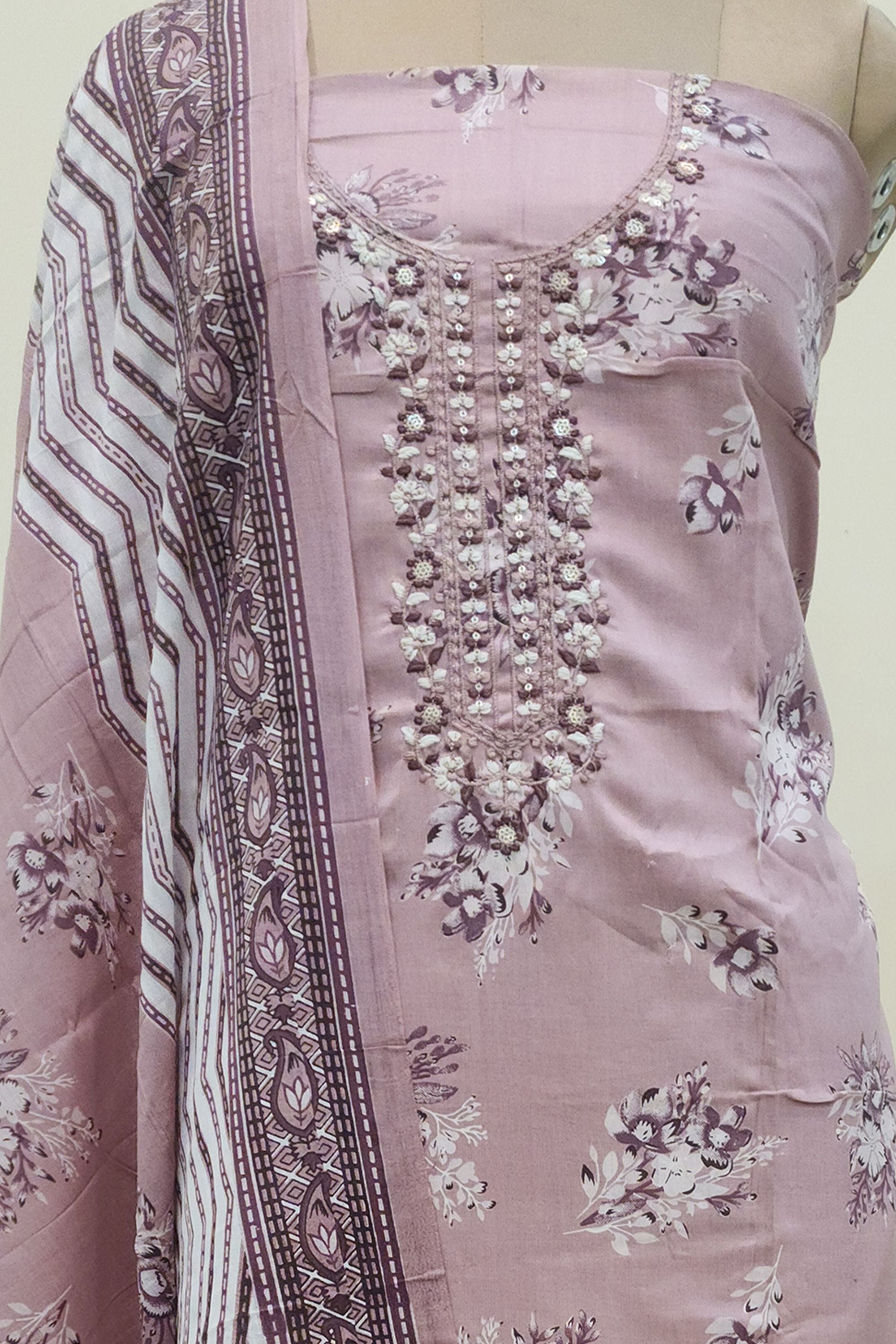 Women's Dusty Rose Floral Printed Cotton Unstitched Suit