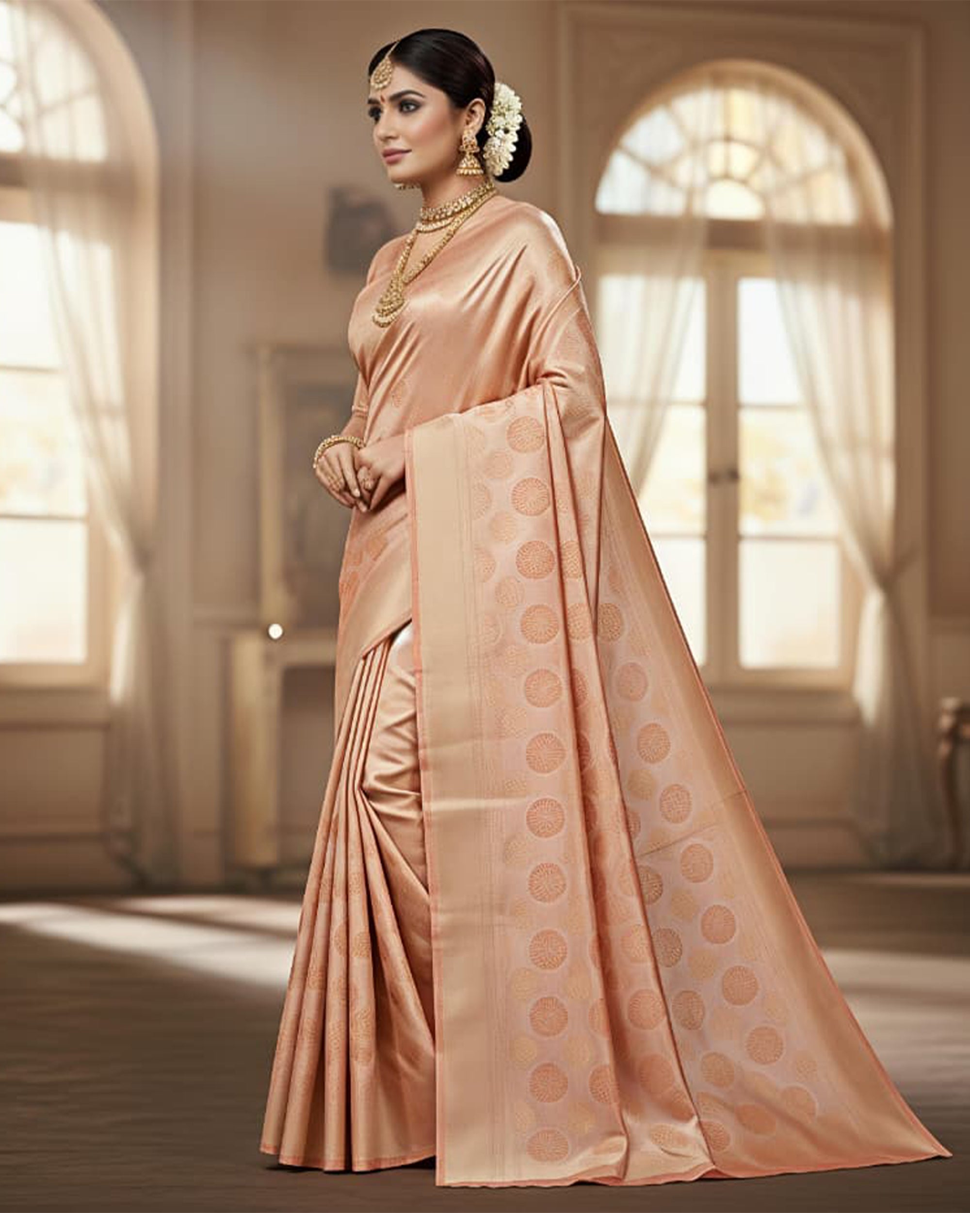 Peach-Coloured & Gold-Toned Art Silk Woven Design Kanjeevaram Saree