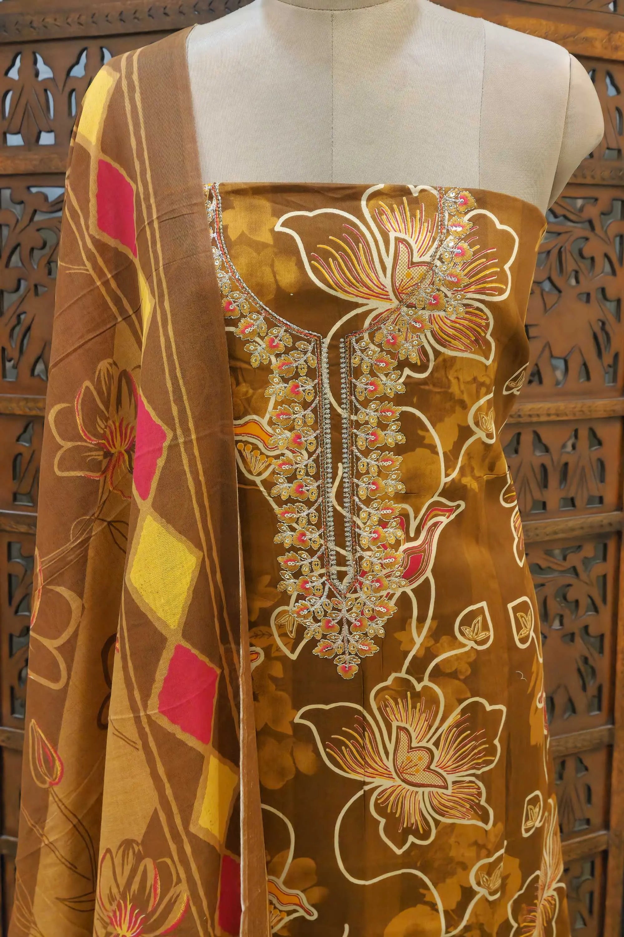 Women Brown & Mustard Floral Printed Unstitched Cotton Dress Material with Embellished Neckline