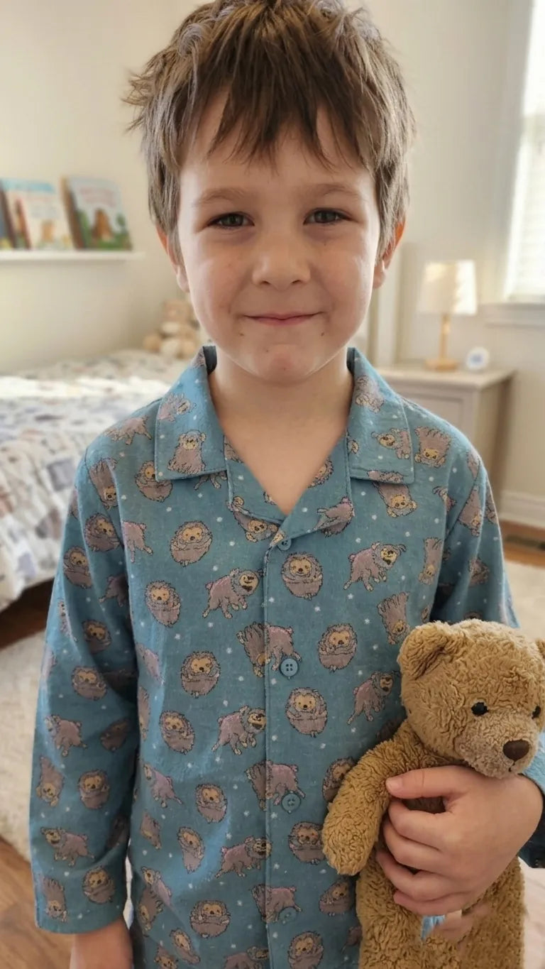 Teal Blue & Grey Hedgehog Print Pure Cotton Night Suit