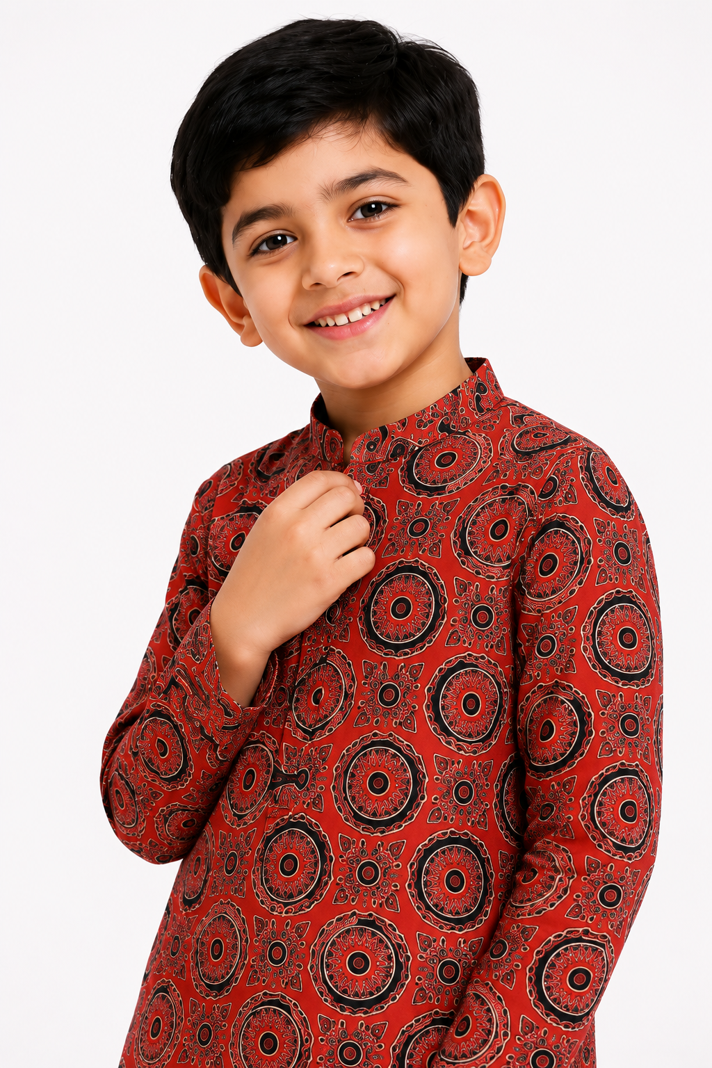 Boys Rust Red & Black Ajrakh-Inspired Mandala Printed Pure Cotton Kurta with Pyjamas