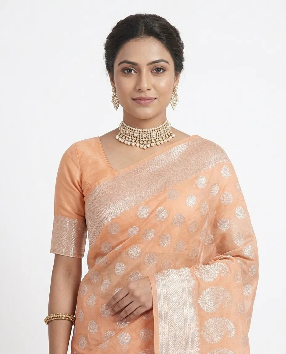 Peach & Silver Woven Design  Silk Saree
