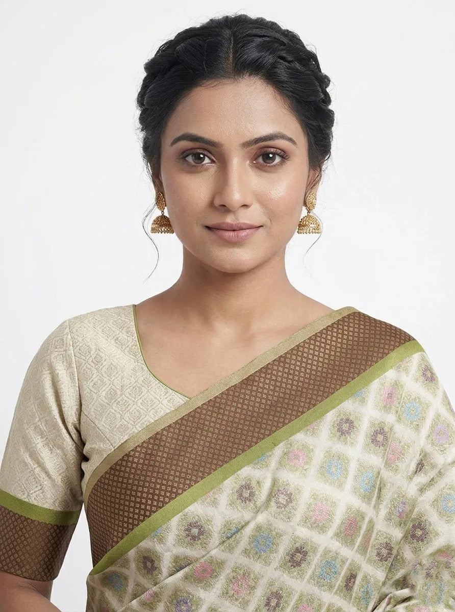 Women Sage Green & Brown Geometric Printed Chanderi Silk Saree with Unstitched Blouse