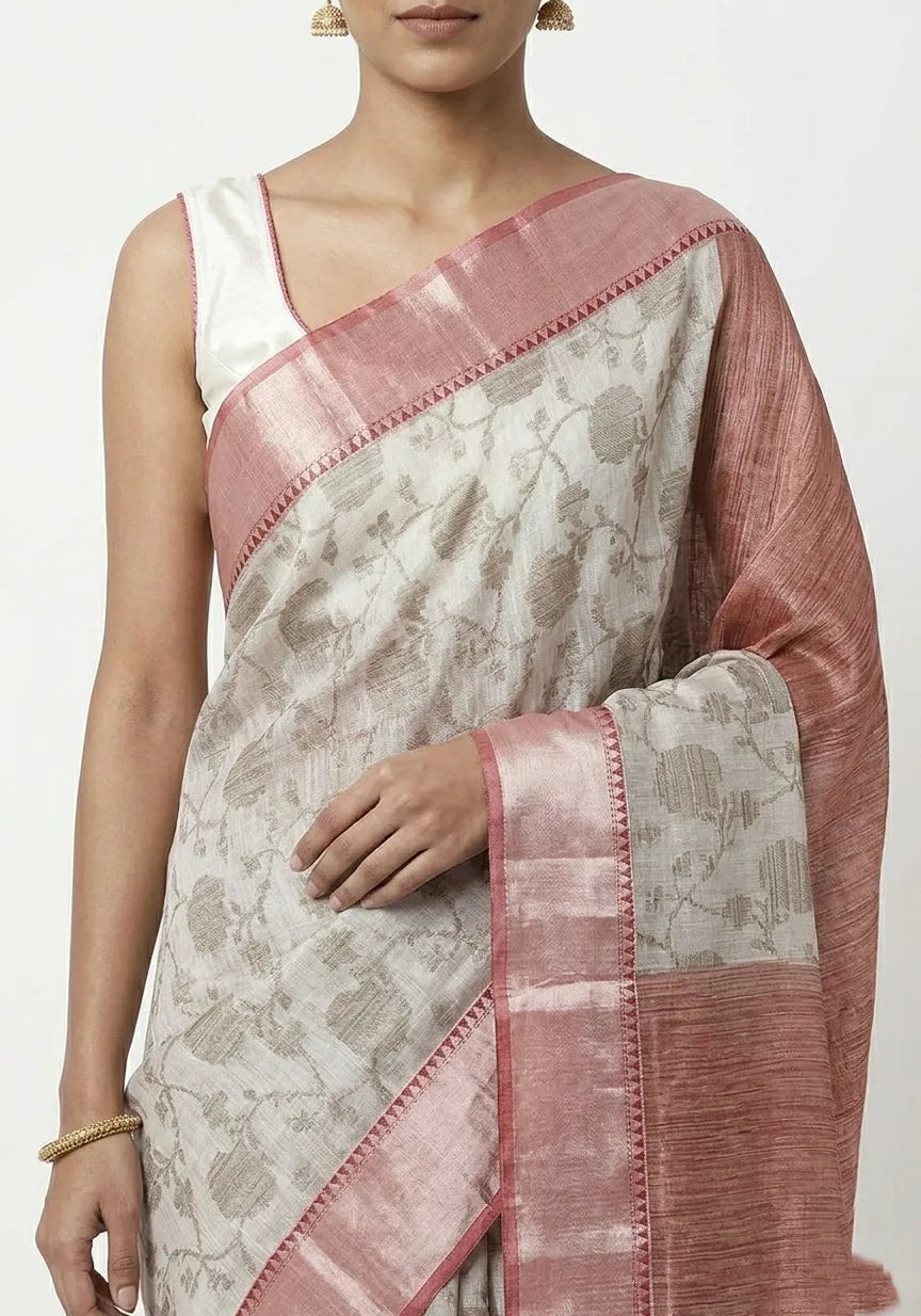 Off-White & Dusty Rose Floral Printed Art Silk Saree with Zari Border