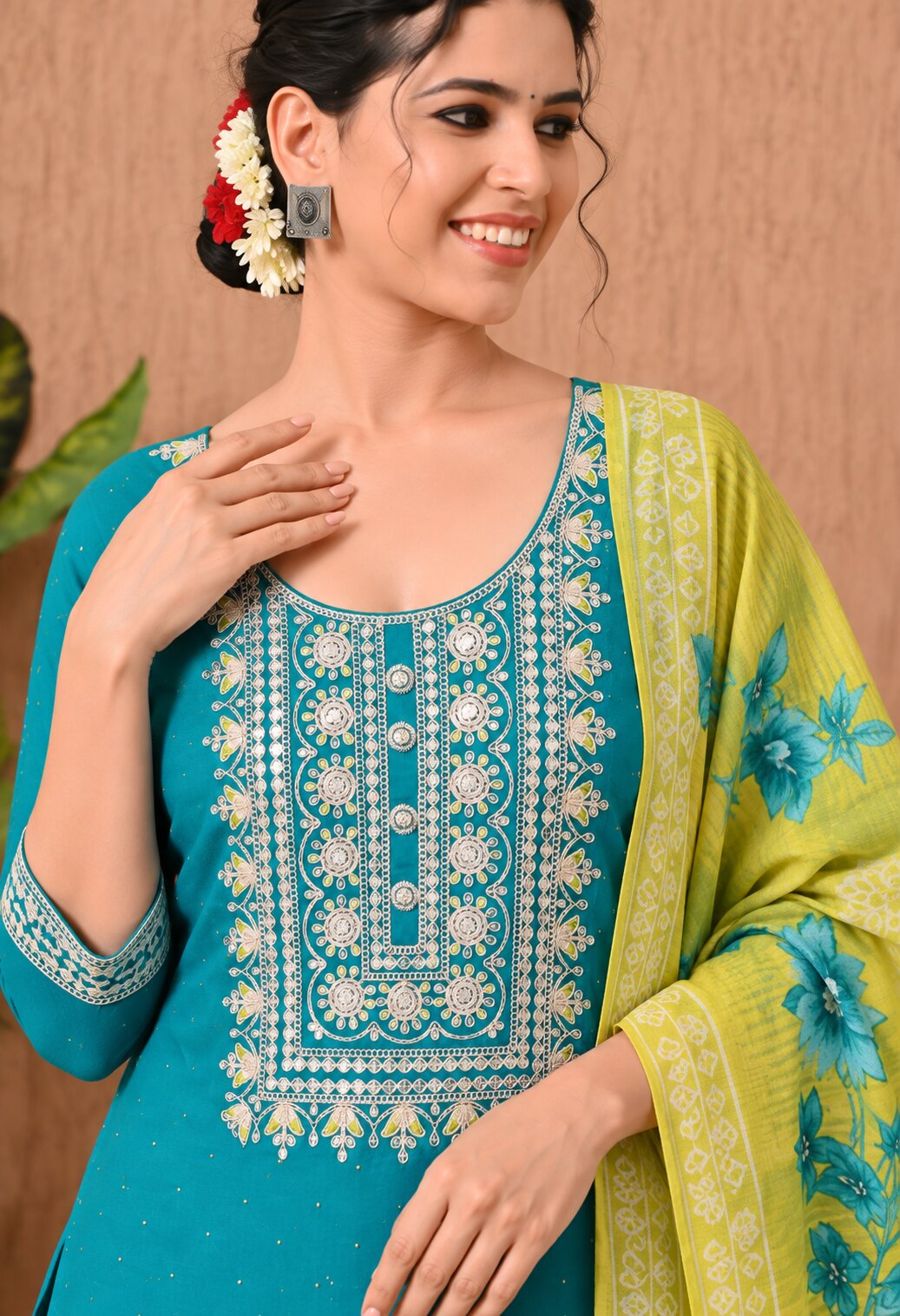 Teal Blue Chanderi Silk Embroidered Suit Set with Yellow Floral Dupatta