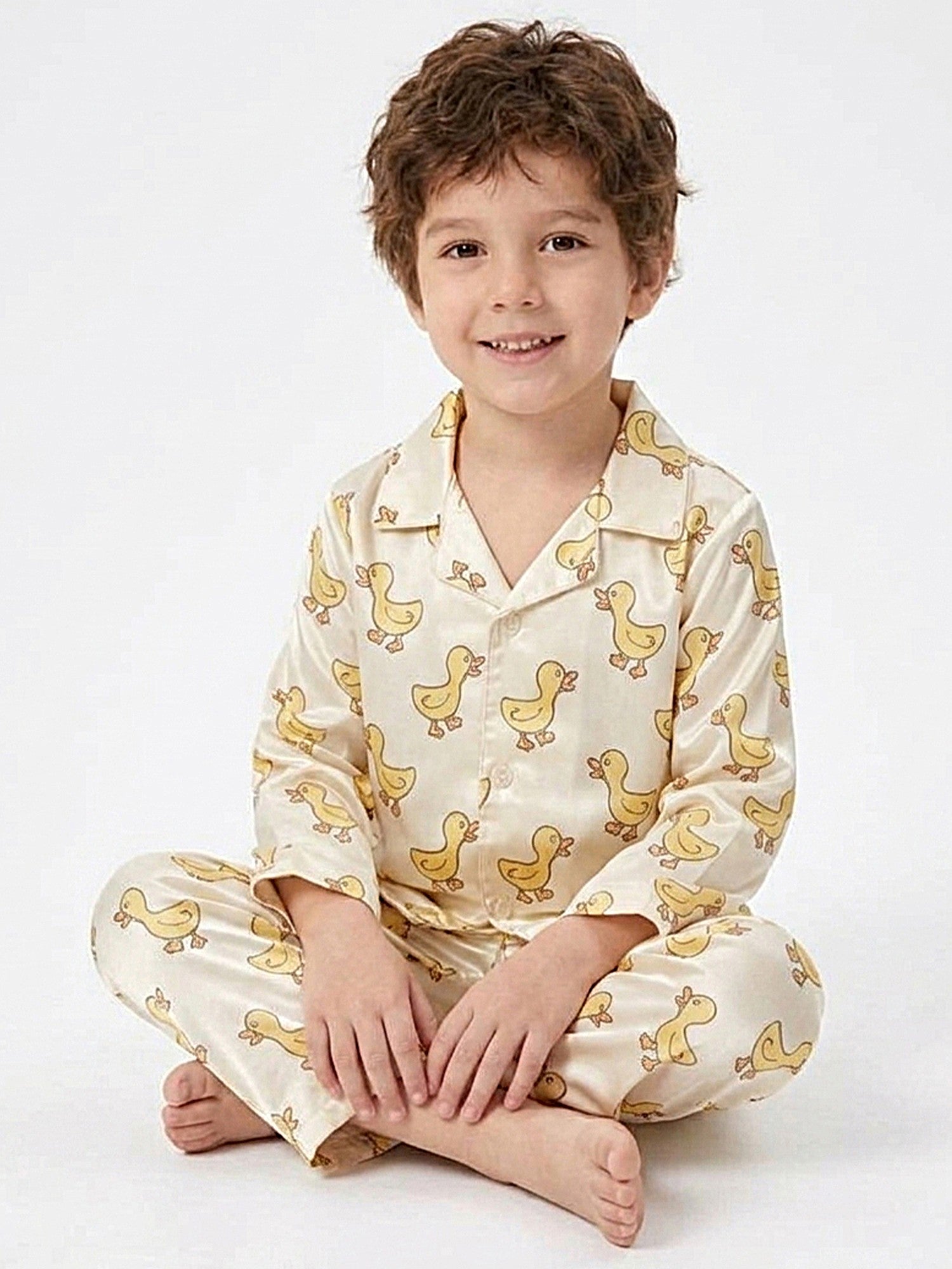 Boys Off-White & Yellow Satin Duck Printed Nightsuit