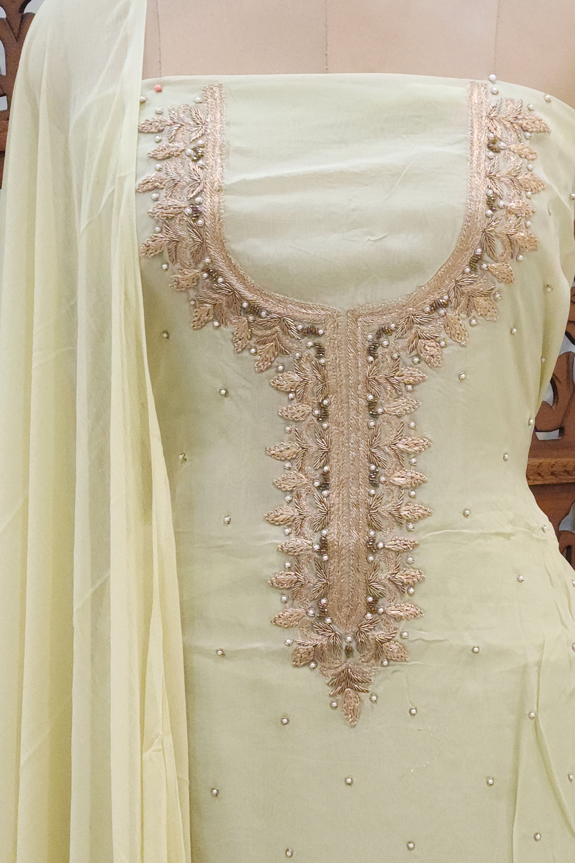Lime Green Crepe Mirror-Work Unstitched Dress Material with Crepe  Dupatta