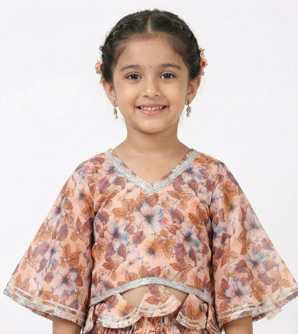 Girls' Floral Print Cotton Peplum Lehenga Choli Set