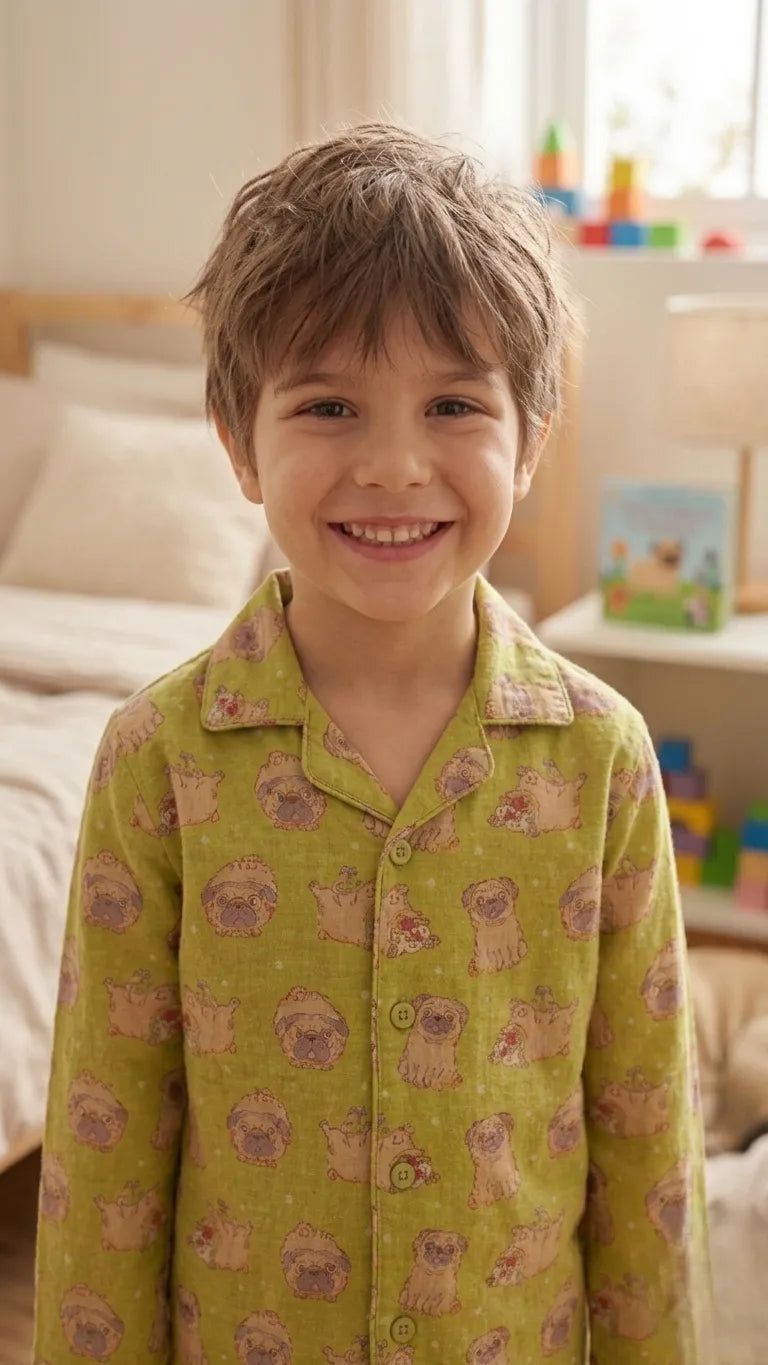 Kids Olive Green & Beige Pug Print Night Suit