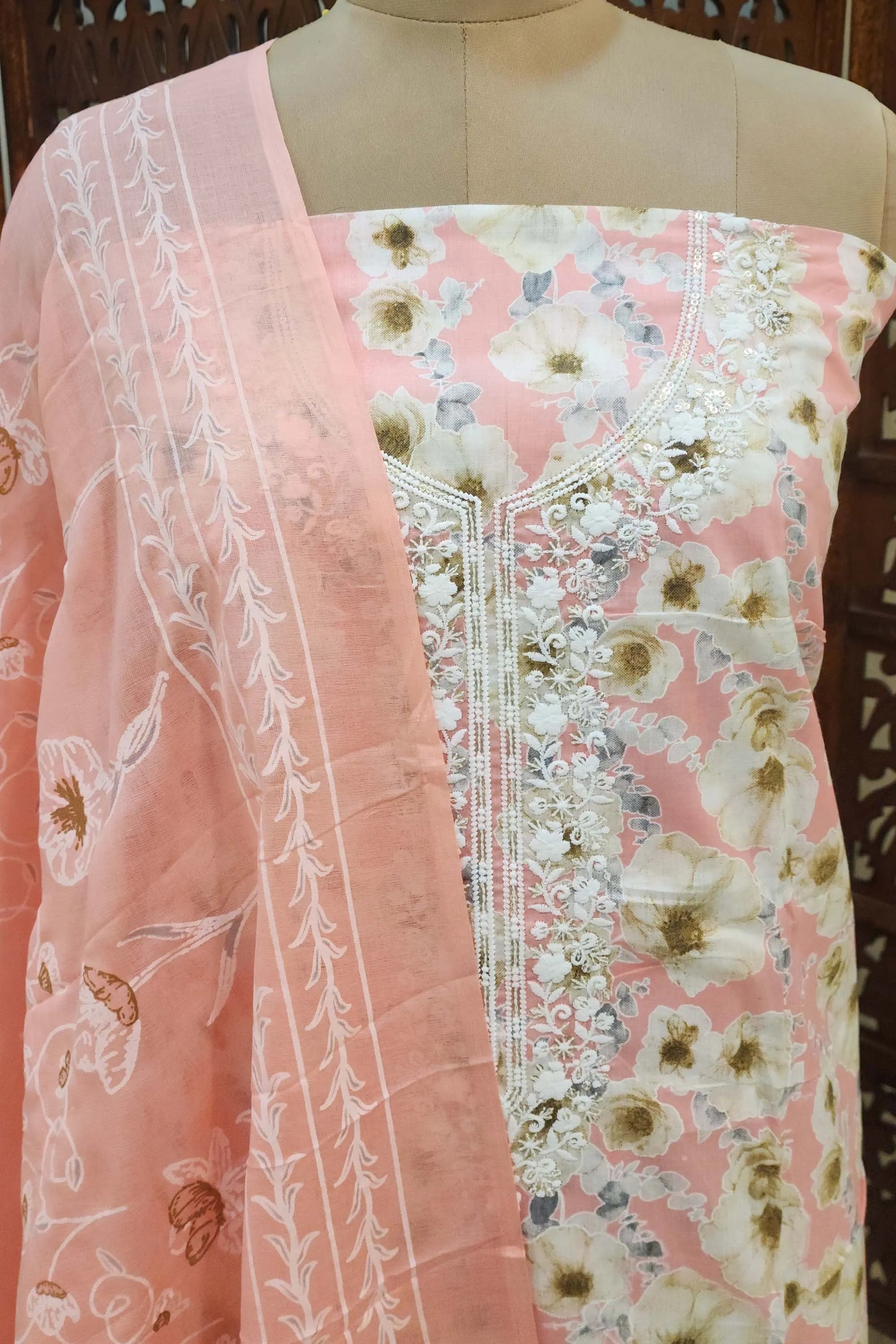 Women Peach-Colored & White Floral Printed Unstitched Cotton Dress Material with Embroidered Neckline