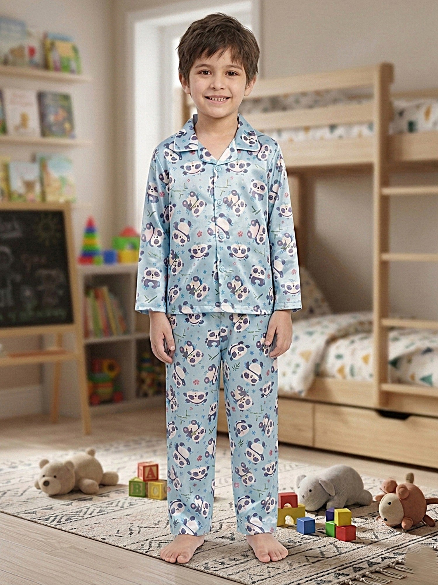 Boys Sky Blue Panda Graphic Printed Satin Night Suit