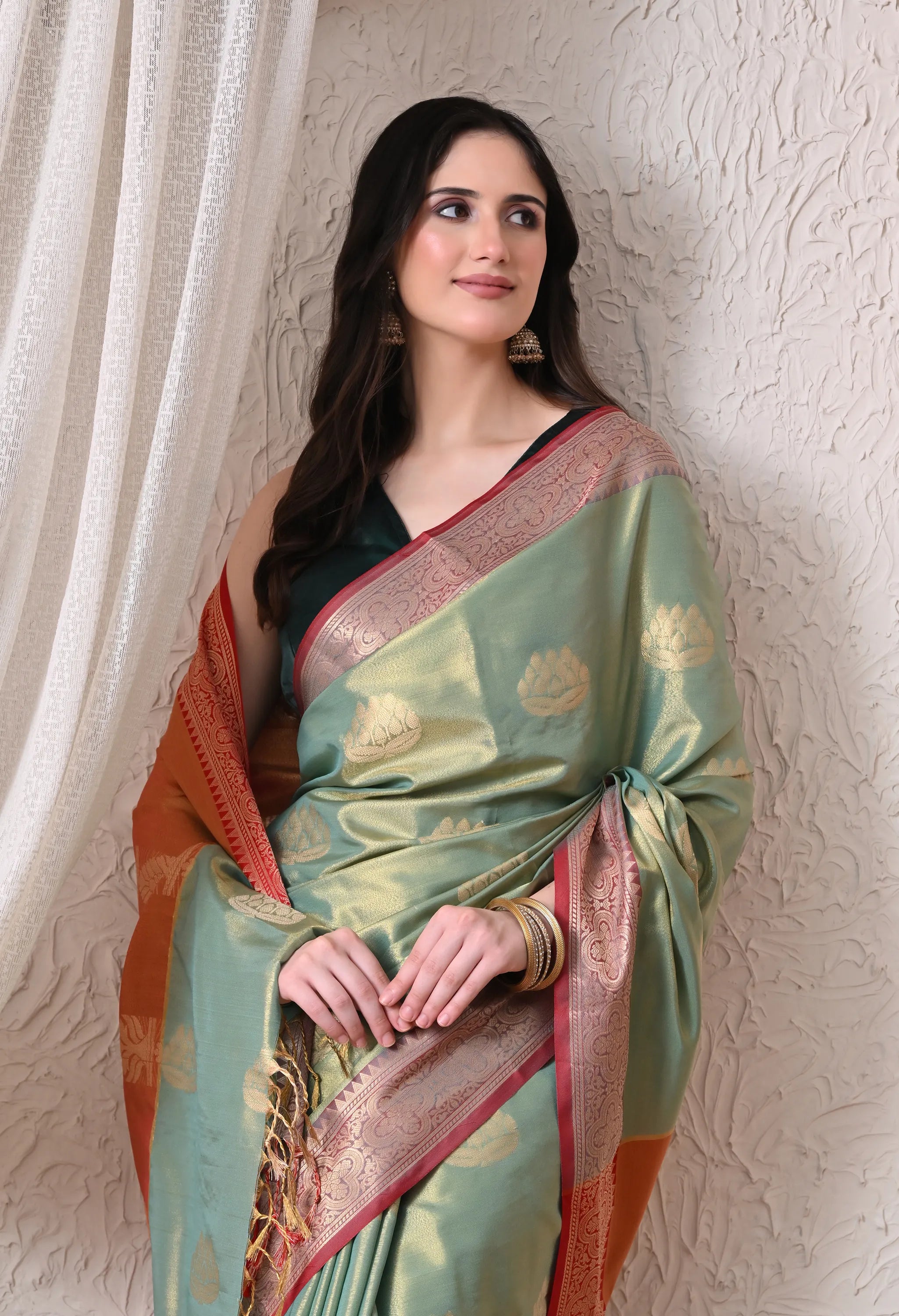 Pastel Sage Green & Rust Red Silk Blend Banarasi Saree with Lotus Butis