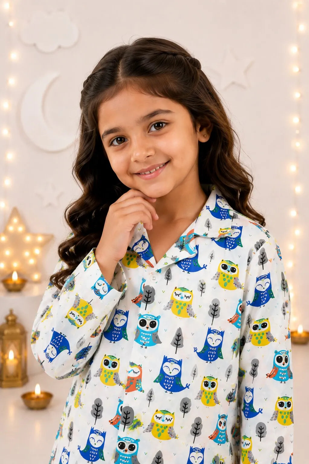 White & Blue Owl Print Pure Cotton Girls Night Suit
