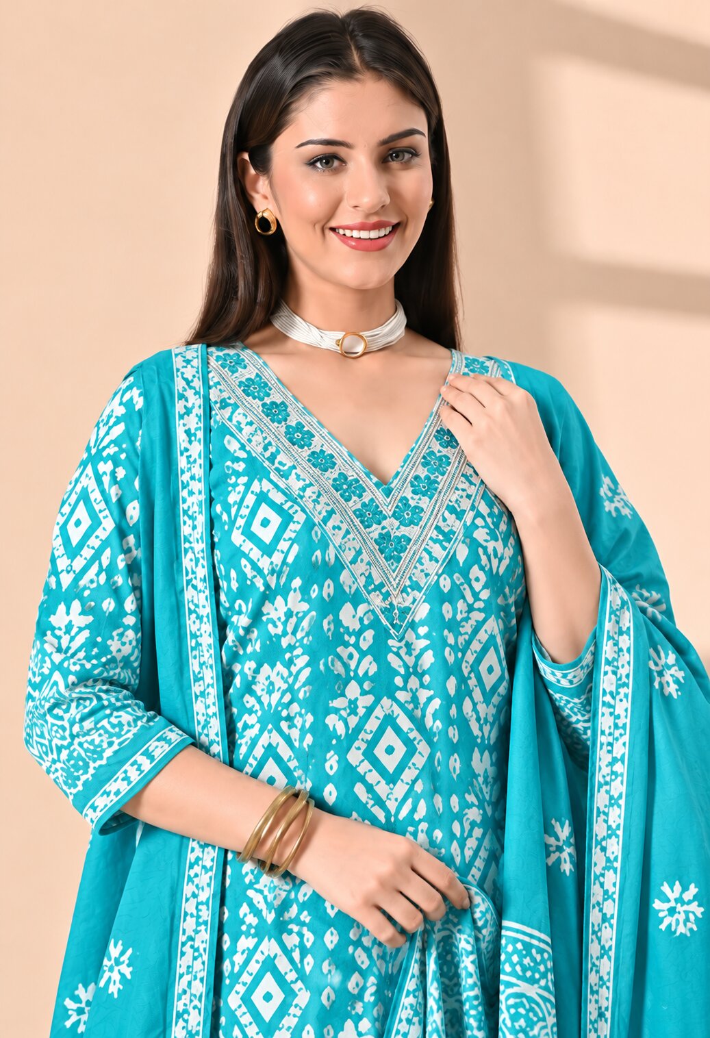 Turquoise Blue Cotton Printed Suit Set with Matching Cotton Dupatta for Women