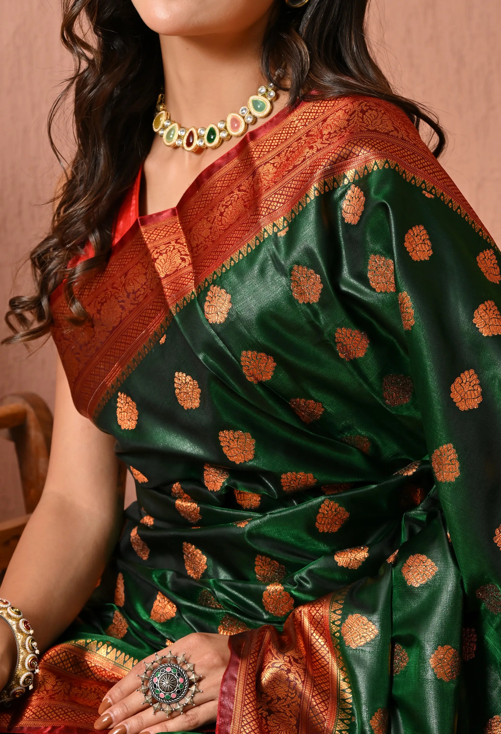 Regal Bottle Green Silk Blend Banarasi Style Saree with Contrast Red Zari Pallu