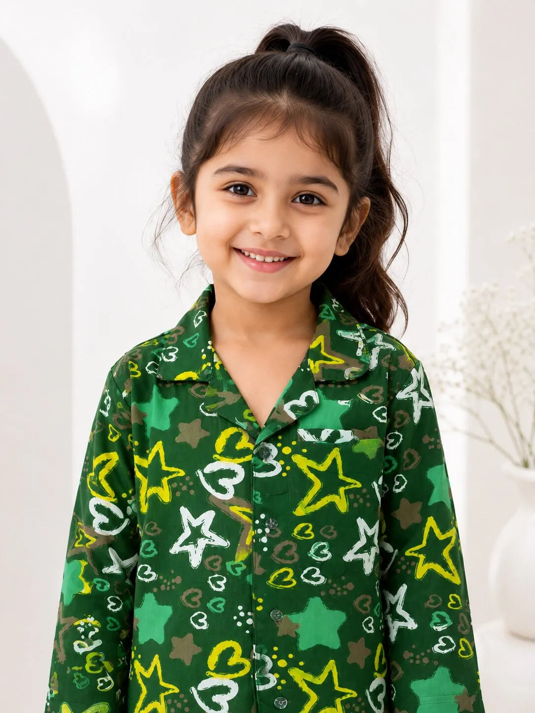 Girs  Pure Cotton Olive Green Star & Heart Print Night Suit