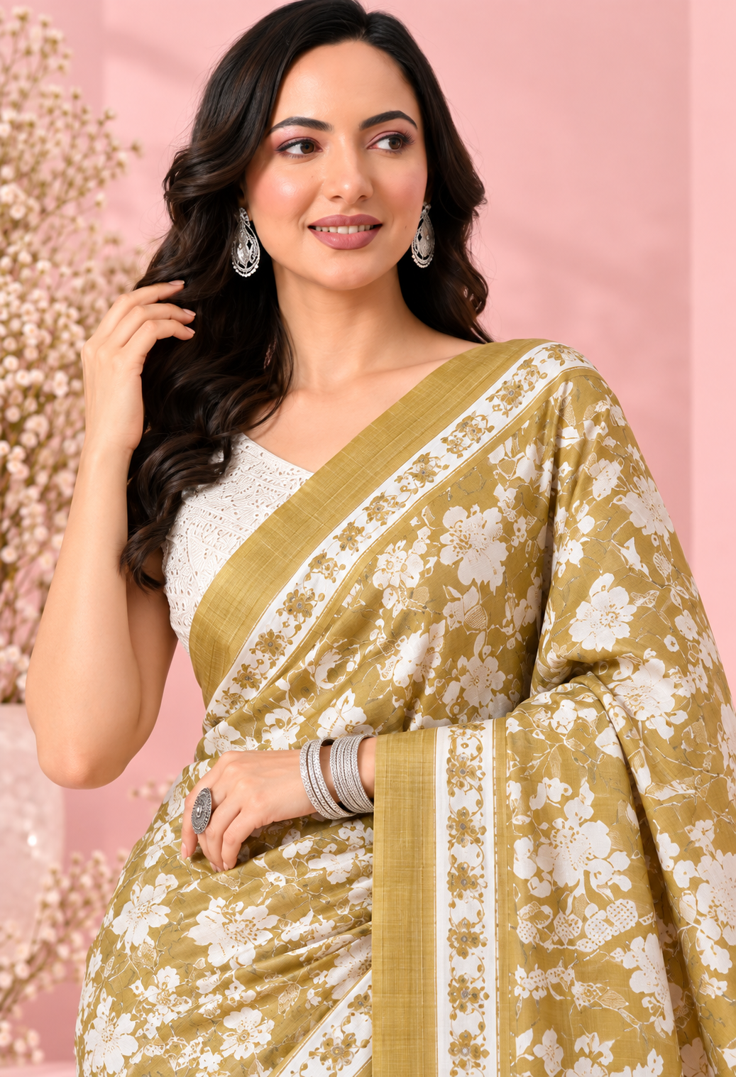 Elegant Mustard Gold Floral Printed Saree with Intricate Border
