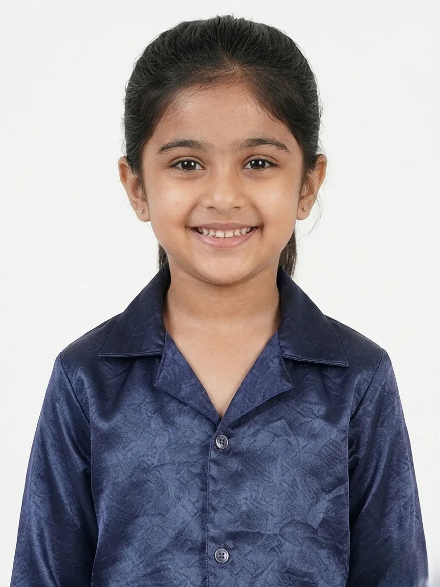 Girls Navy Blue Luxury Satin Night Suit Set – Smooth Full-Sleeve Shirt & Relaxed Pyjamas