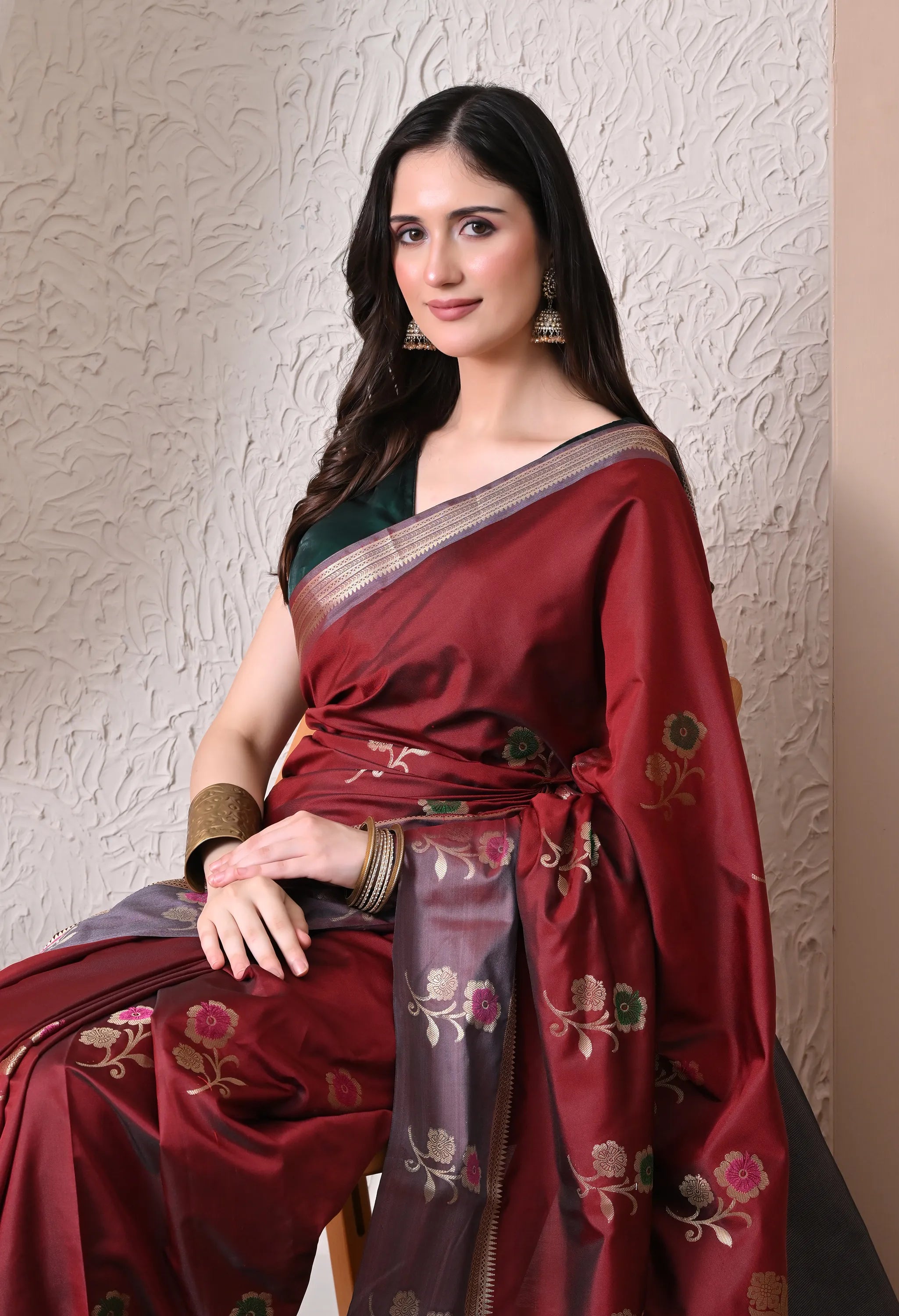 Maroon and Grey Silk Blend Floral Saree