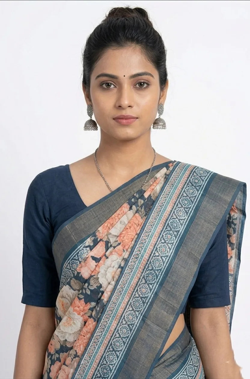 Floral Printed Silk Blend Saree with Zari Border