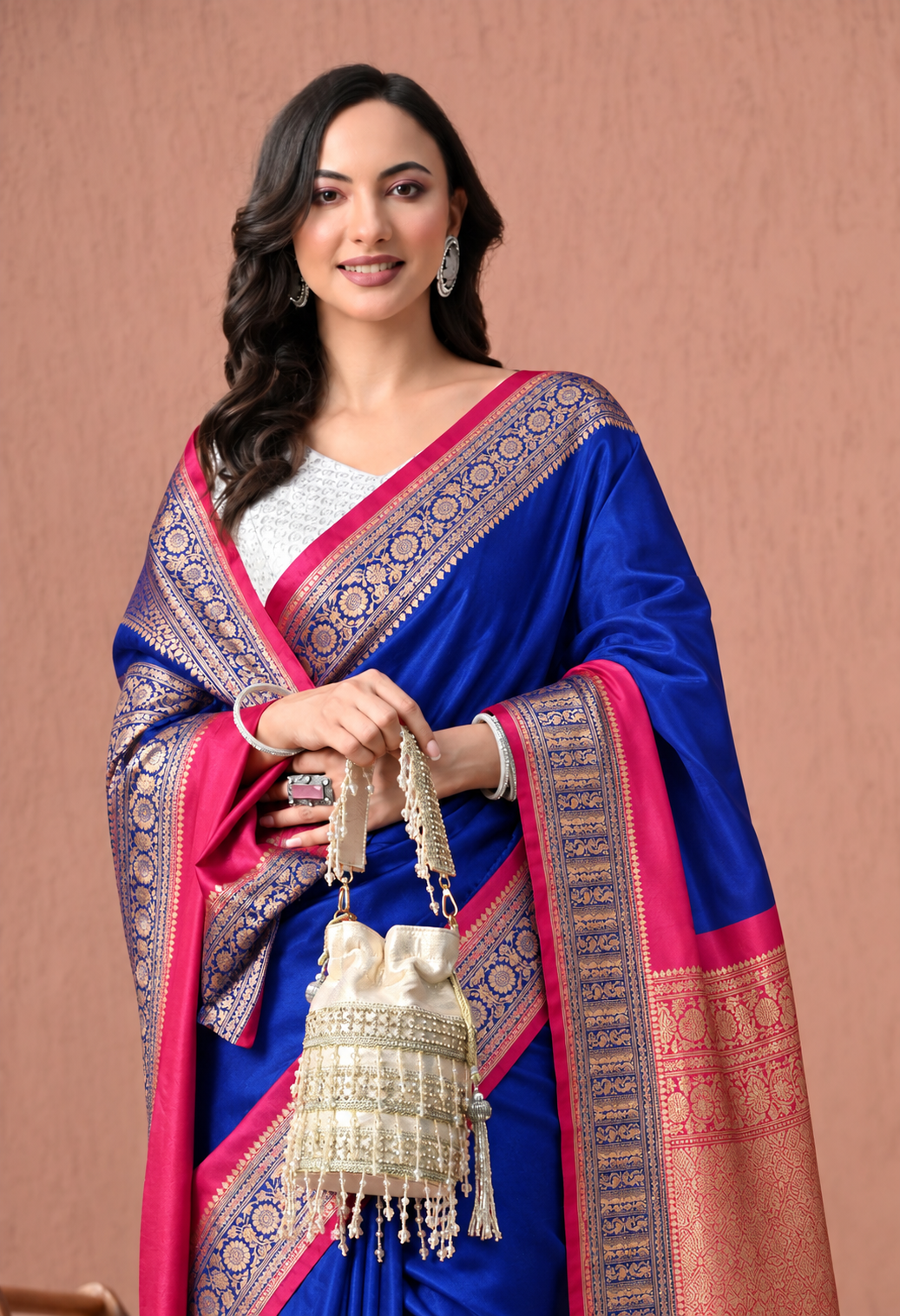 Royal Blue and Magenta Pink Silk Blend Woven Zari Border Saree