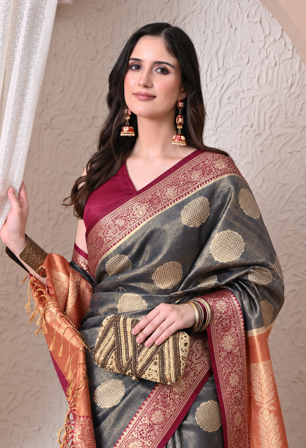 Grey & Maroon Woven Silk Blend Saree with Zari Motifs