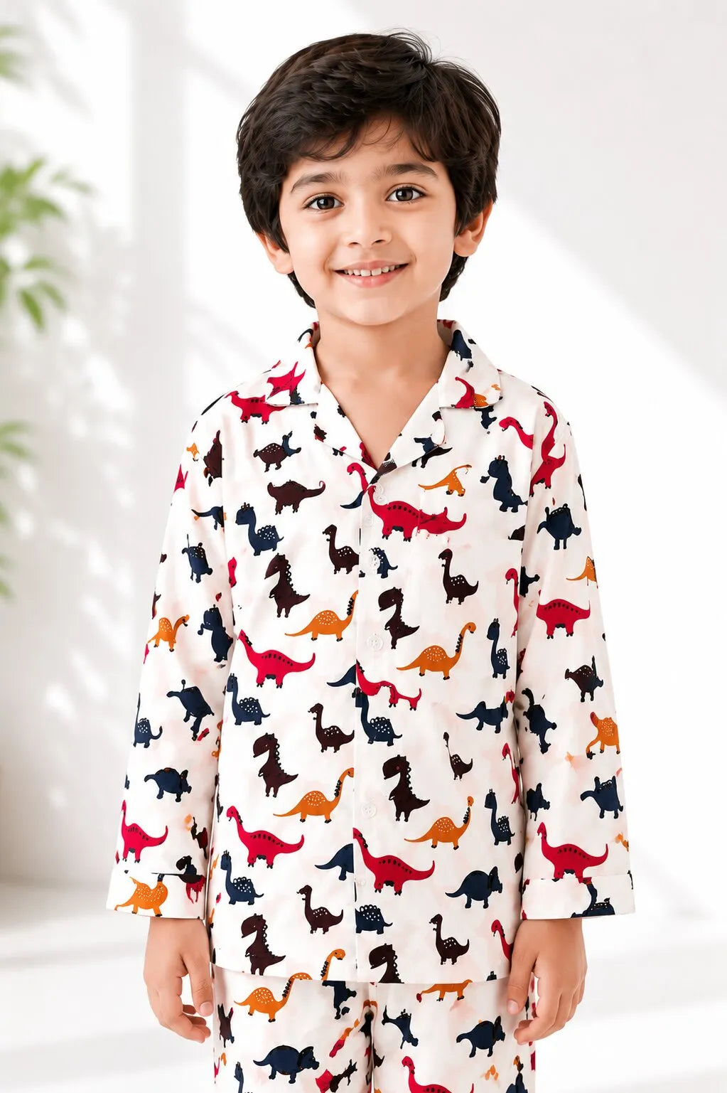 Kids Boys Full Sleeve Collared Pure Cotton Night Suit | Printed Pajama Set | Sleepwear for Kids Boys