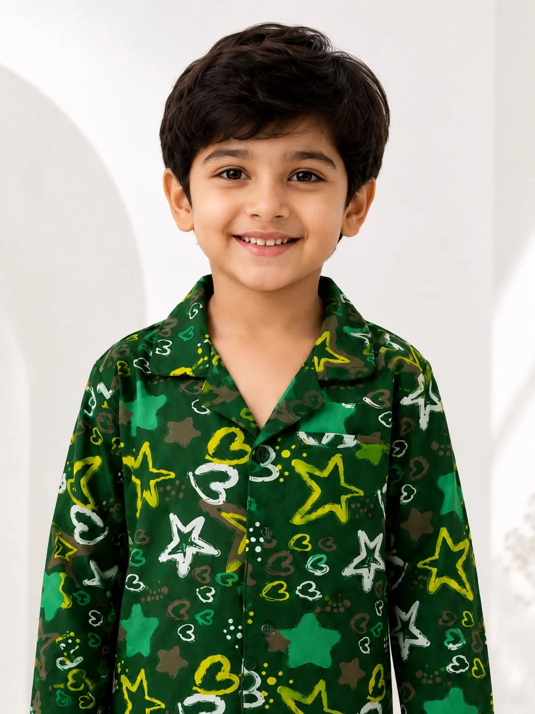 Boys Olive Green & Yellow Star Printed Pure Cotton Night Suit