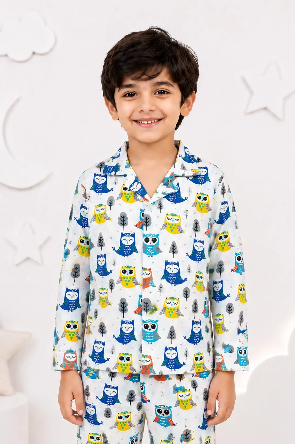 White & Blue Owl Print Pure Cotton Night Suit