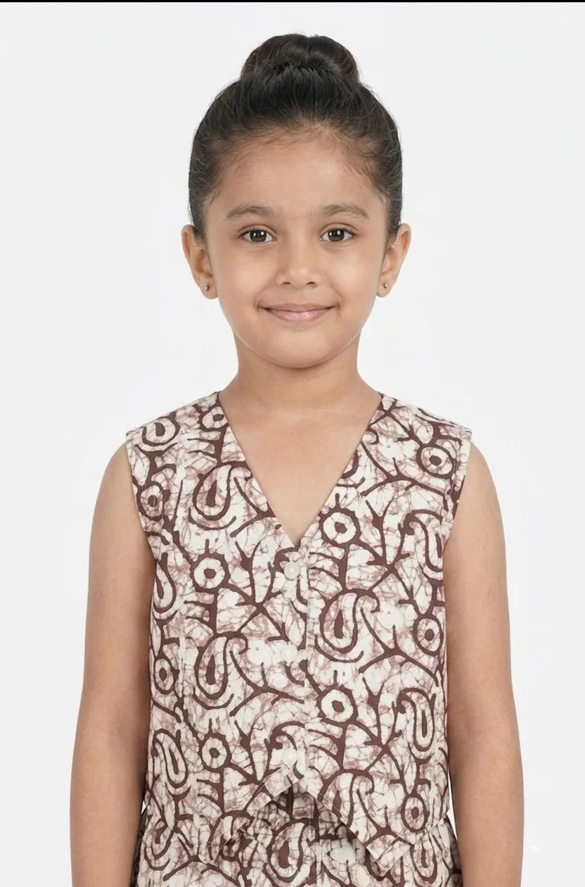Girls Brown & White Printed Pure Cotton V-Neck Co-ord Set