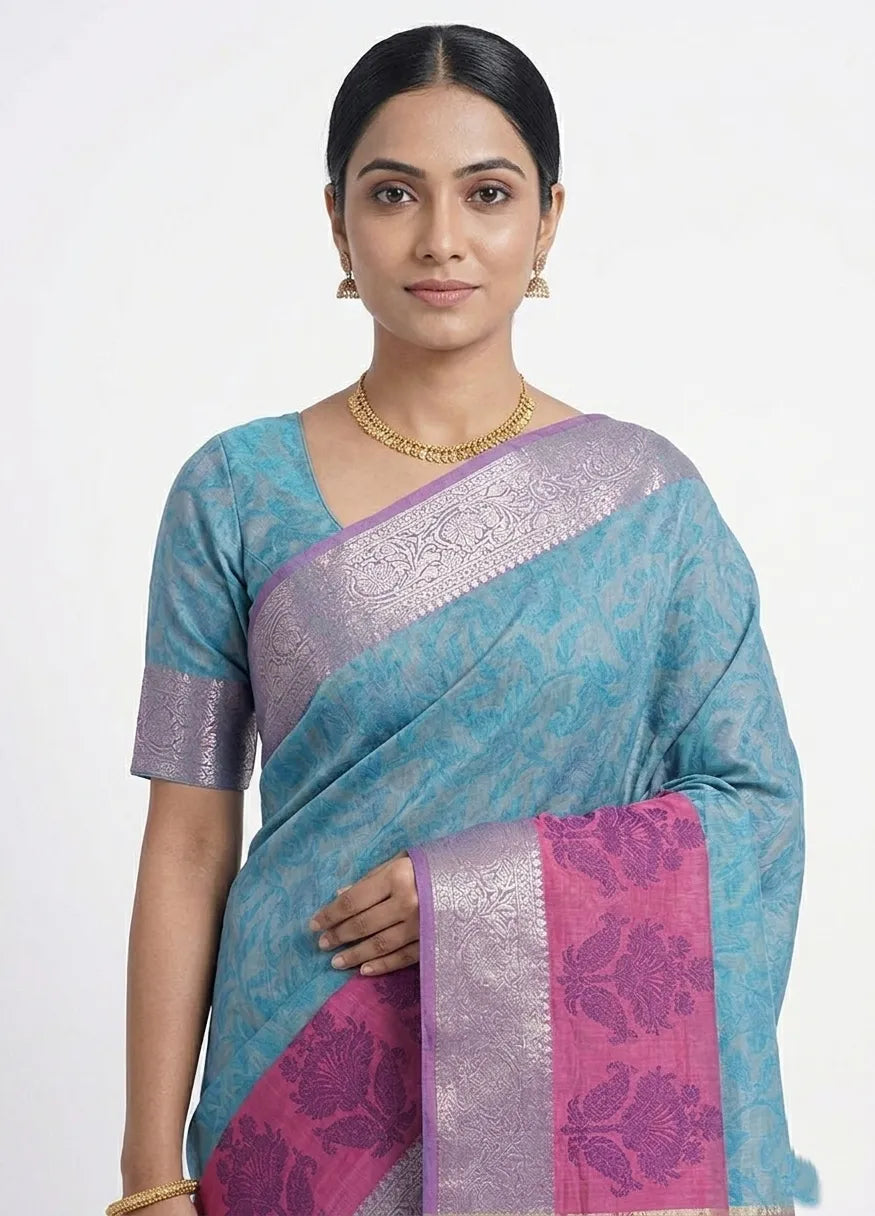 Women Blue & Grey Floral Printed Art Silk Saree with Zari Border