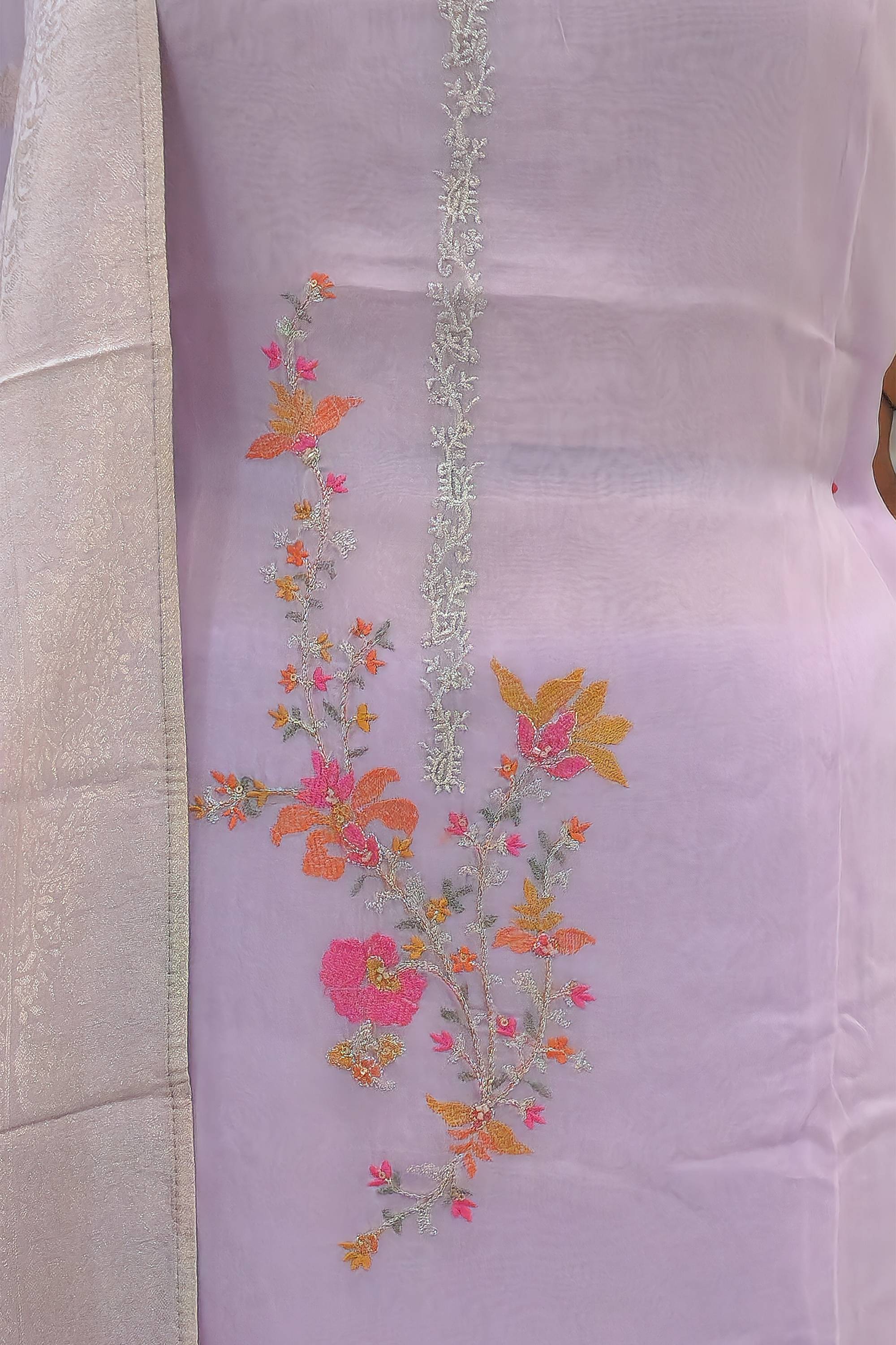 Lavender Floral Embroidered Silk Organza Unstitched Dress Material with Zari Border