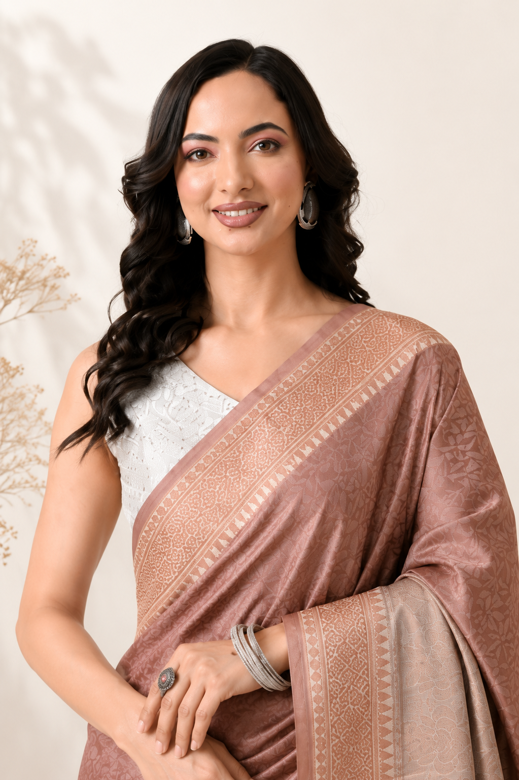 Women Dusty Rose Art Silk Woven Design Saree with Rich Border