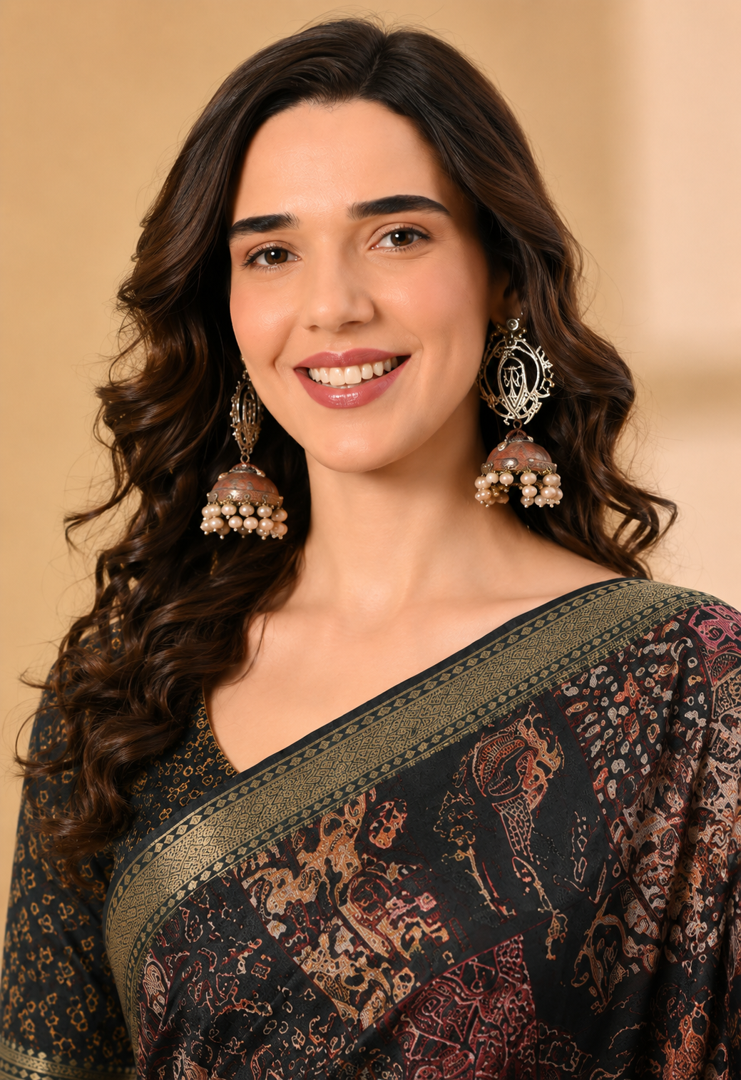 Women Black Printed Georgette Saree with Ethnic Kalamkari-Inspired Motifs