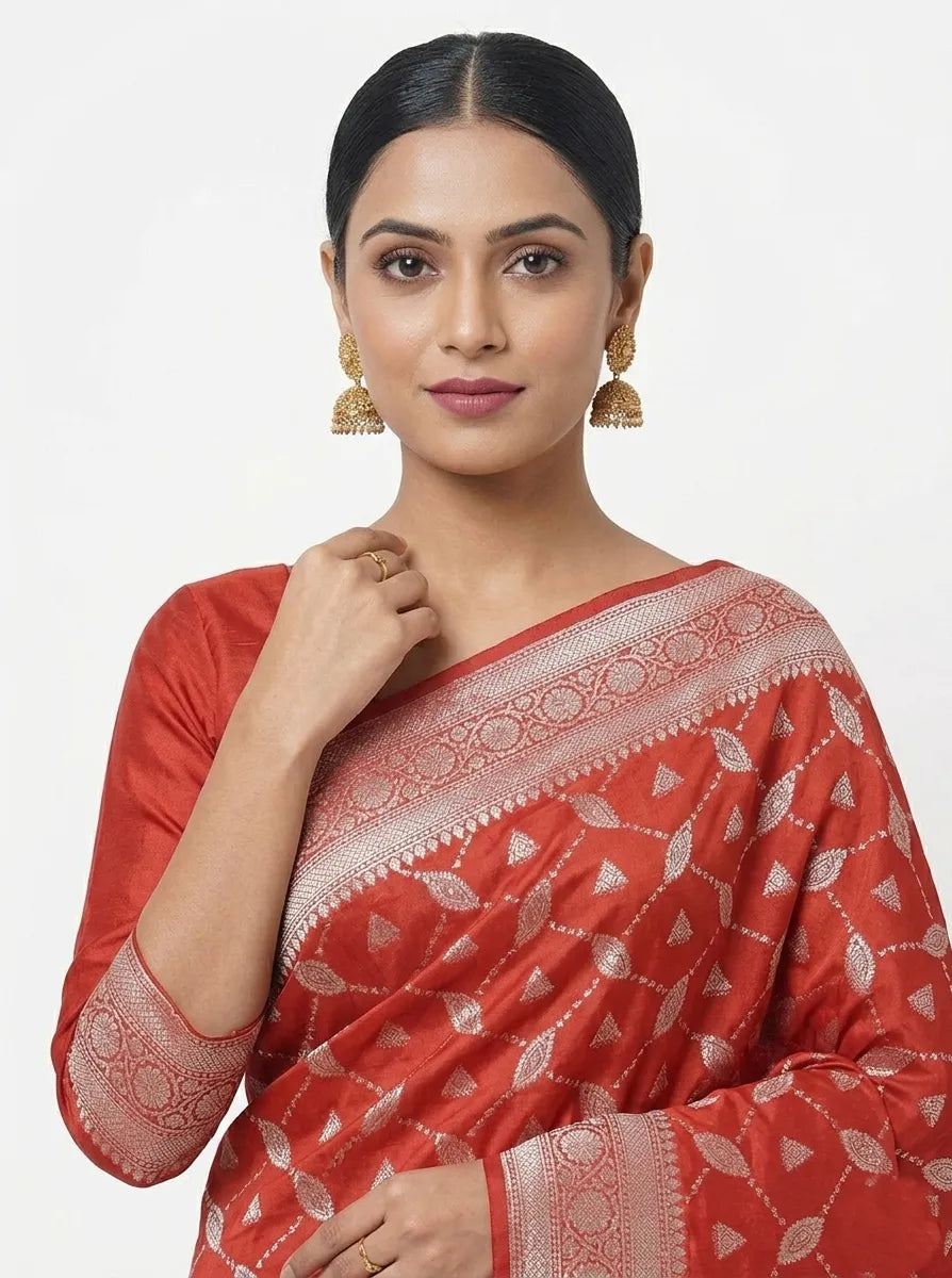 Women Red & Gold-Toned Geometric Woven Design Banarasi Saree