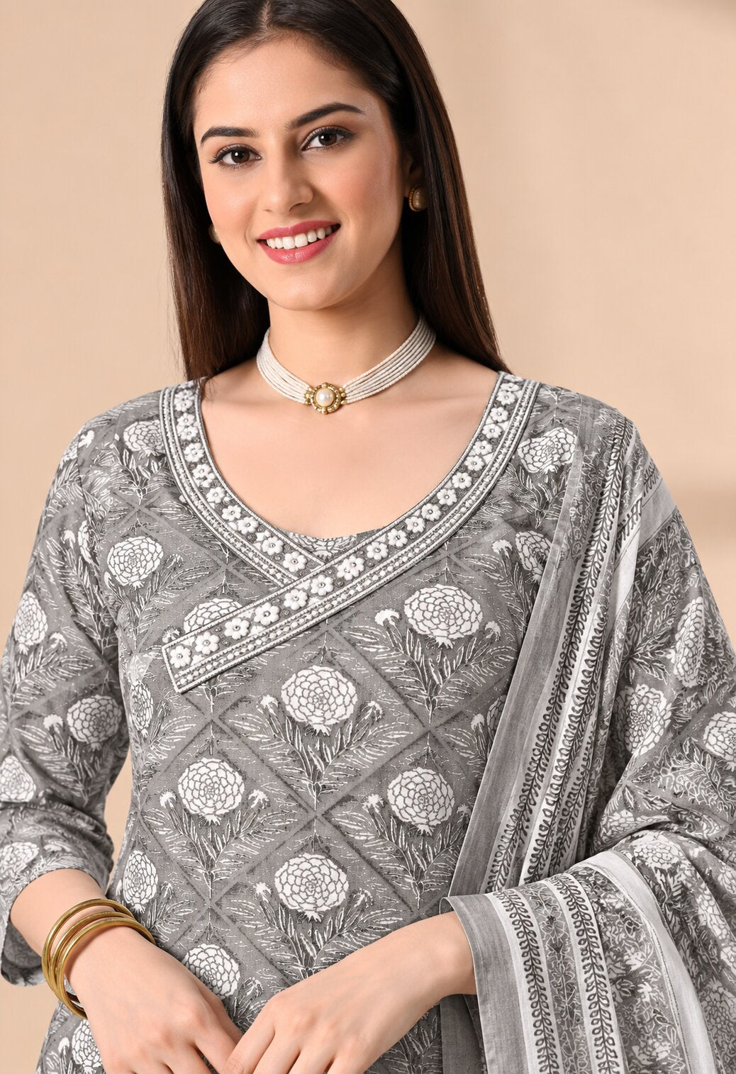 Grey Cotton Printed Suit Set with Cotton Dupatta