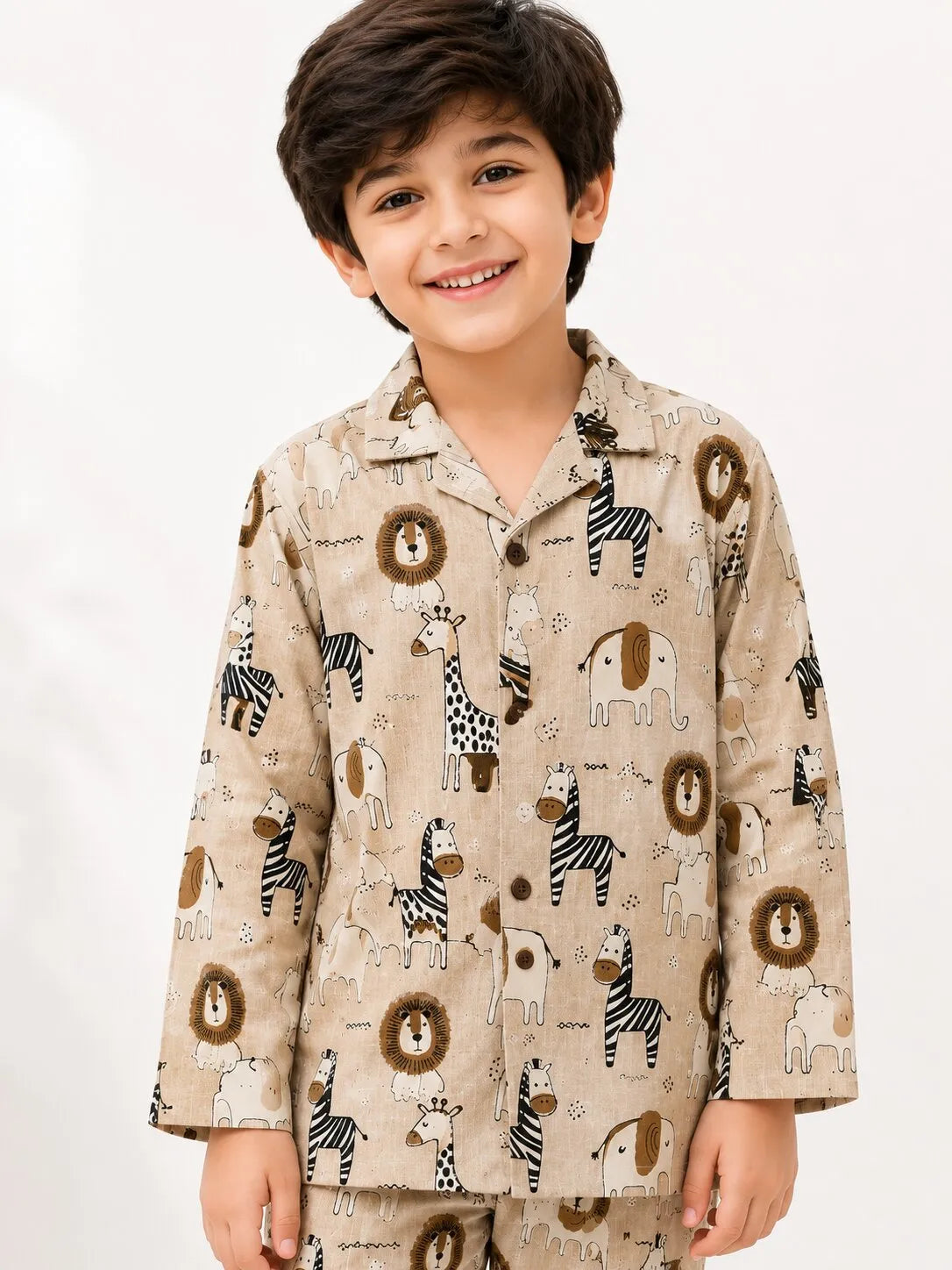 Kids Boys Full Sleeve Collared Pure Cotton Night Suit