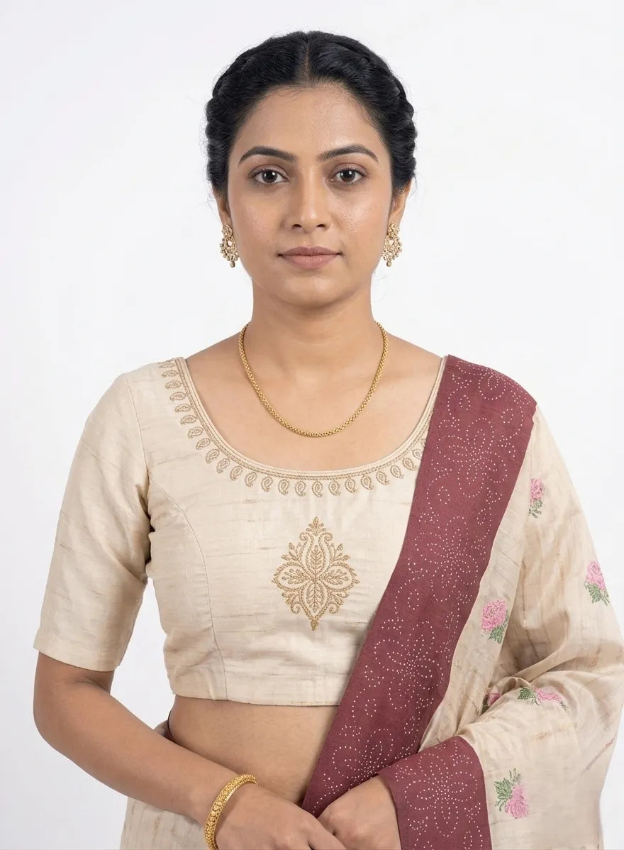 Women Beige & Maroon Floral Embroidered Silk Saree with Unstitched Blouse