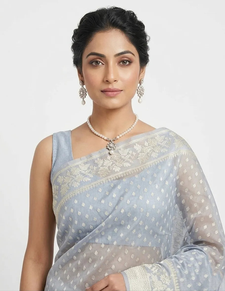 Grey & Off-White Floral Woven Design Organza Banarasi Saree with Unstitched Blouse